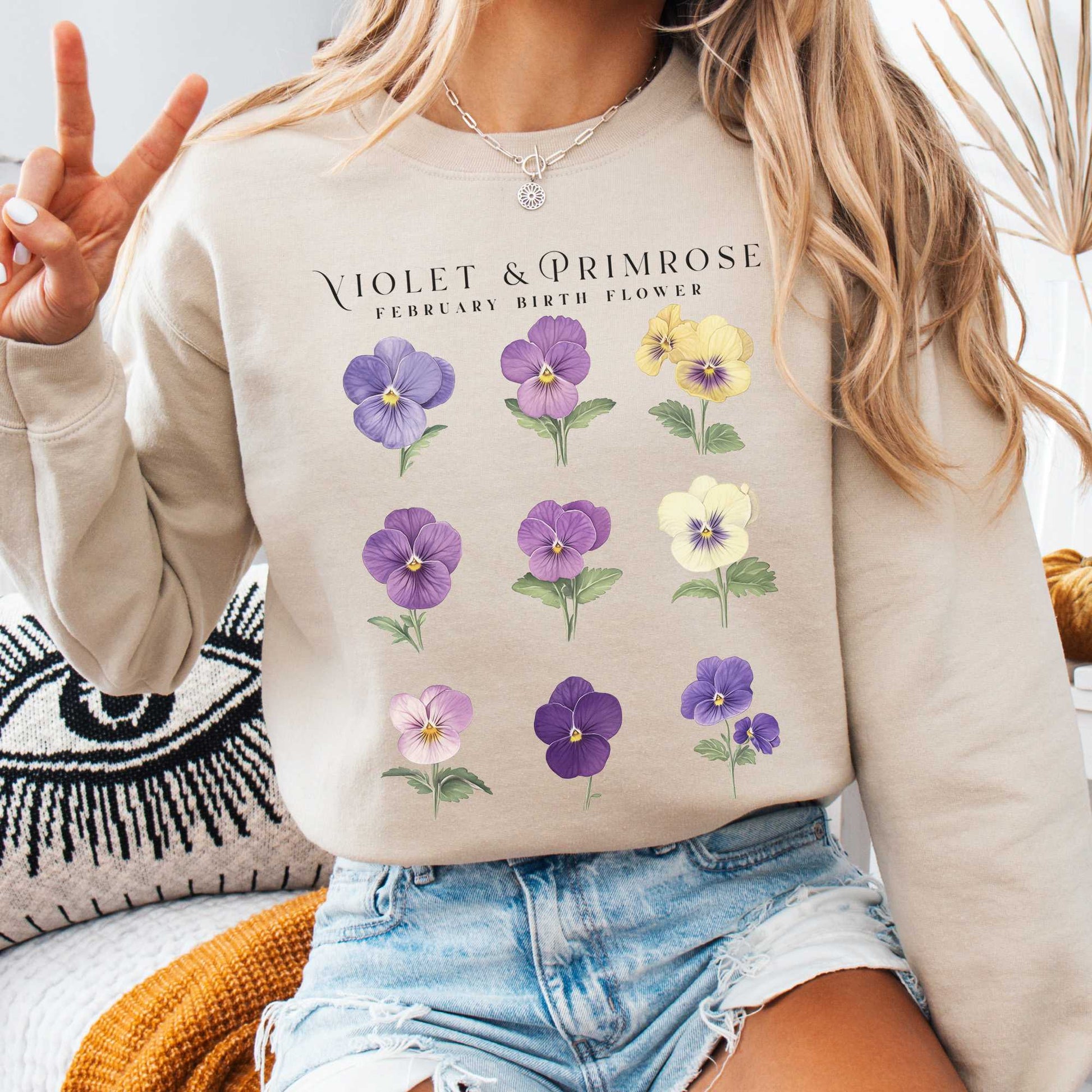 Sweatshirt Sand / S Violet & Primrose February Birth Month Flower Sweatshirt The Mystic Eden