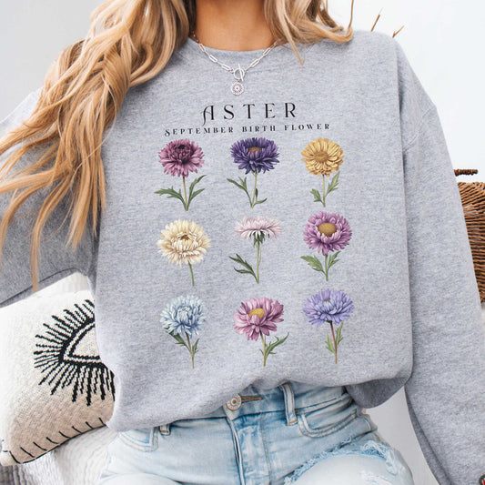 Sweatshirt Sport Grey / S Aster September Birth Month Flower Sweatshirt The Mystic Eden
