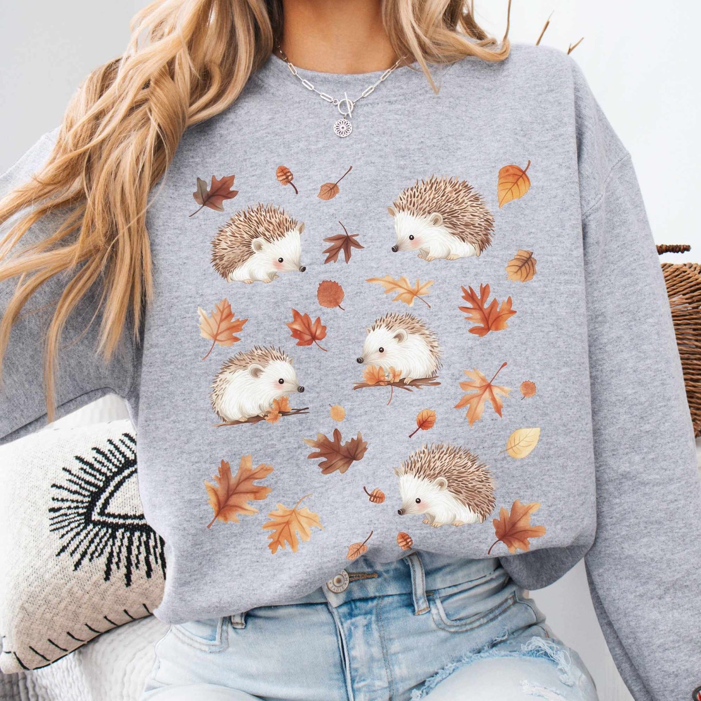 Sweatshirt Sport Grey / S Cute Hedgehogs Autumn Leaves Cottagecore Sweatshirt The Mystic Eden