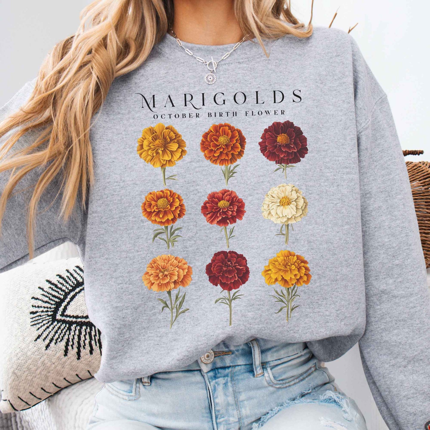 Sweatshirt Sport Grey / S Marigolds October Birth Month Flower Sweatshirt The Mystic Eden