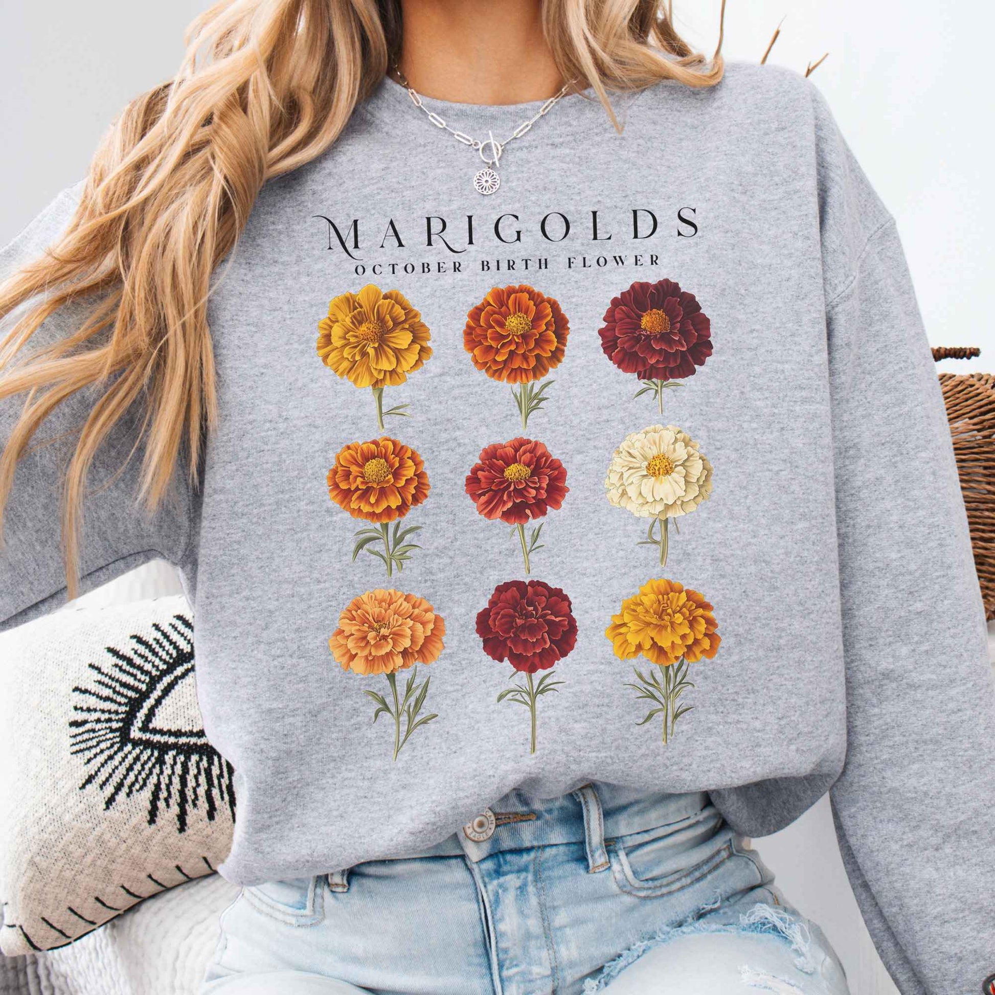 Sweatshirt Sport Grey / S Marigolds October Birth Month Flower Sweatshirt The Mystic Eden