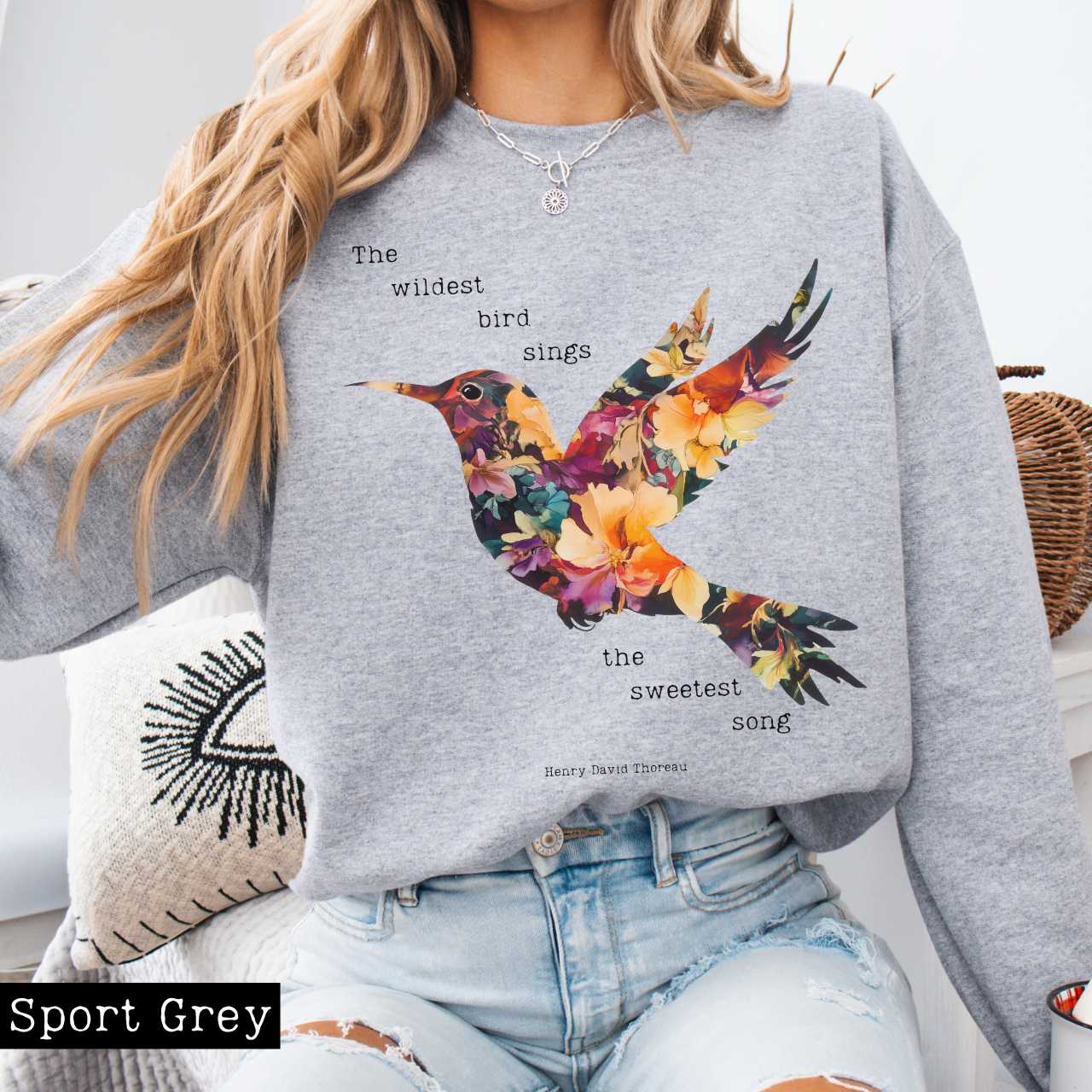 Sweatshirt Sport Grey / S The Wildest Bird Sings the Sweetest Song - Henry Thoreau Sweatshirt The Mystic Eden