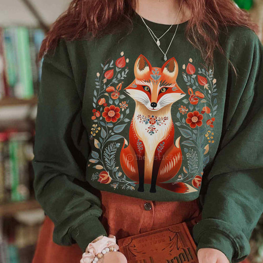 Sweatshirt Whimsical Scandinavian Folk Art Fox Sweatshirt The Mystic Eden