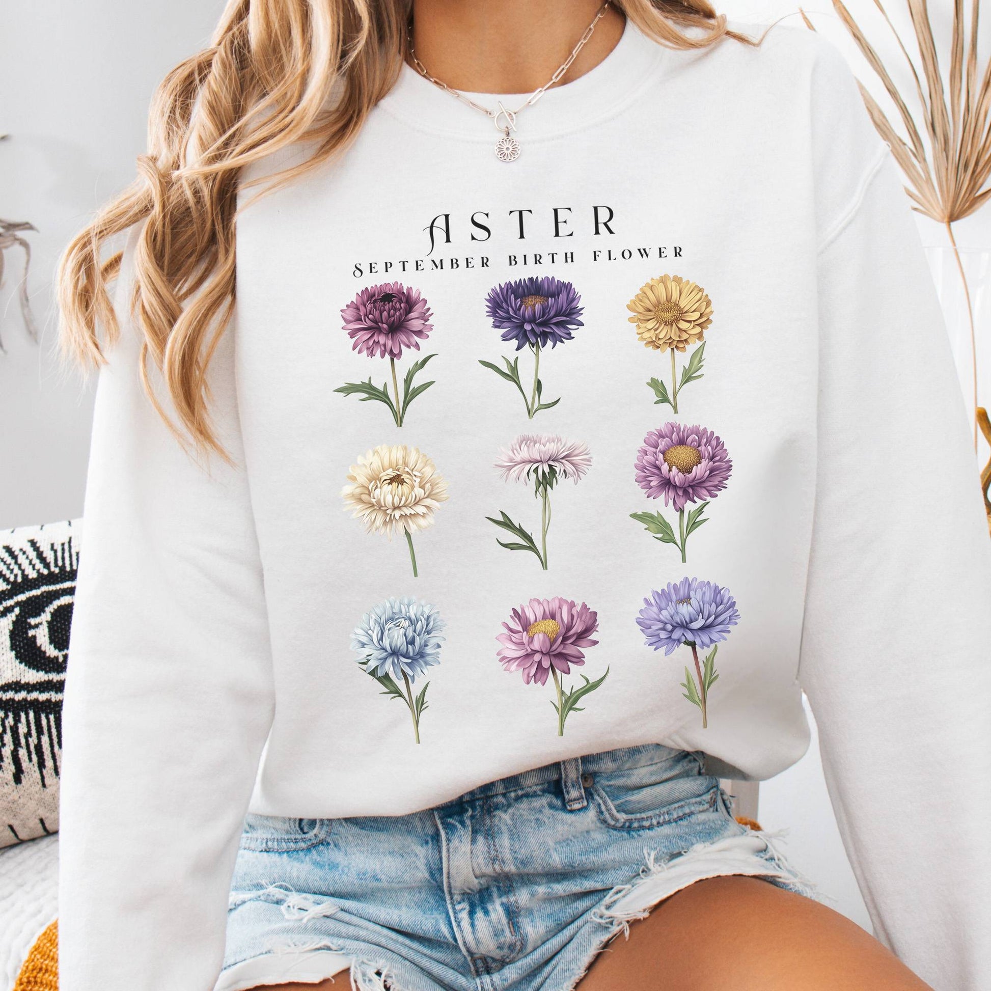 Sweatshirt White / S Aster September Birth Month Flower Sweatshirt The Mystic Eden