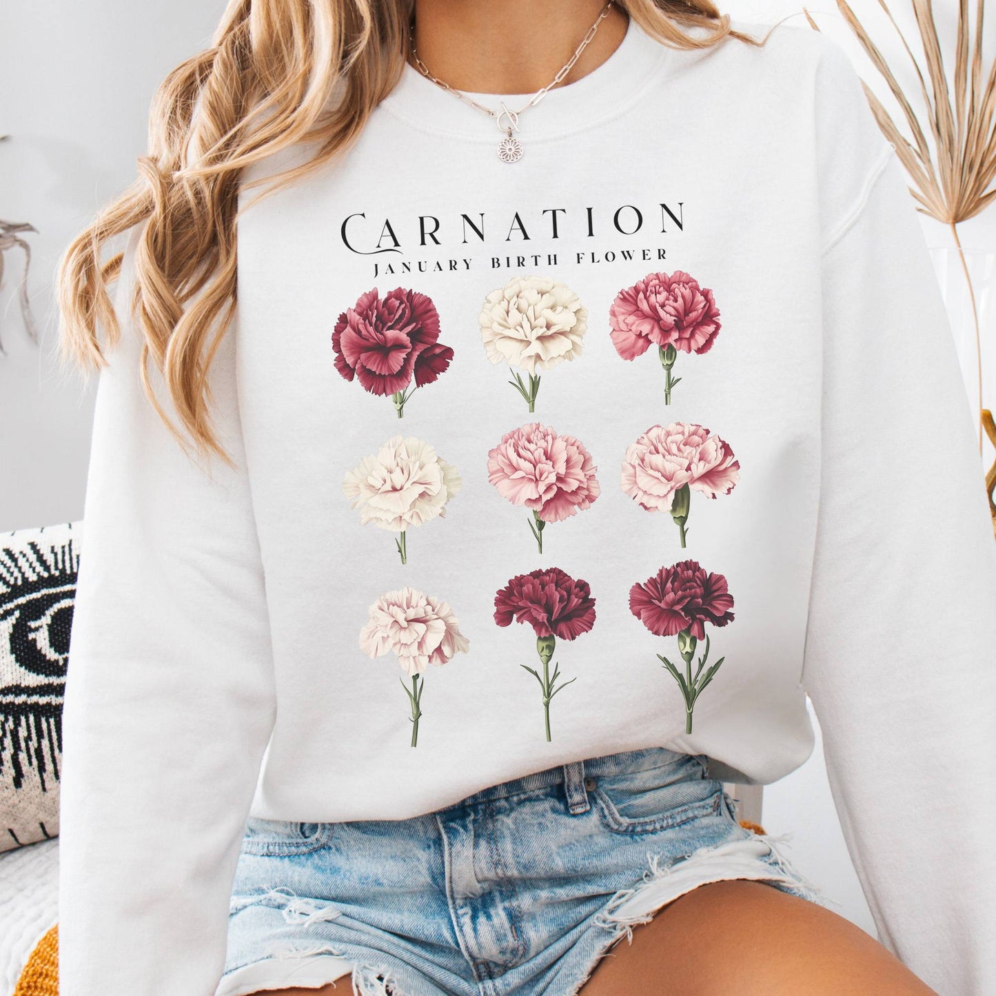 Sweatshirt White / S Carnation January Birth Month Flower Sweatshirt The Mystic Eden