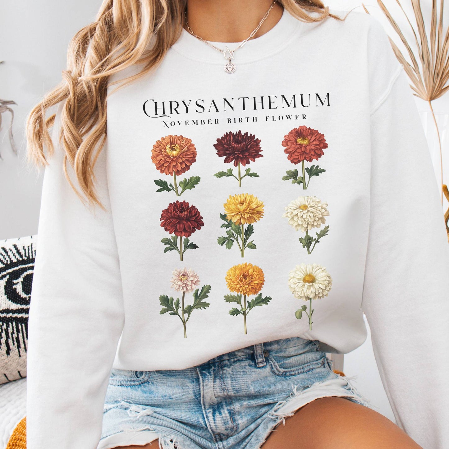 Sweatshirt White / S Chrysanthemum November Birth Month Flower Sweatshirt The Mystic Eden