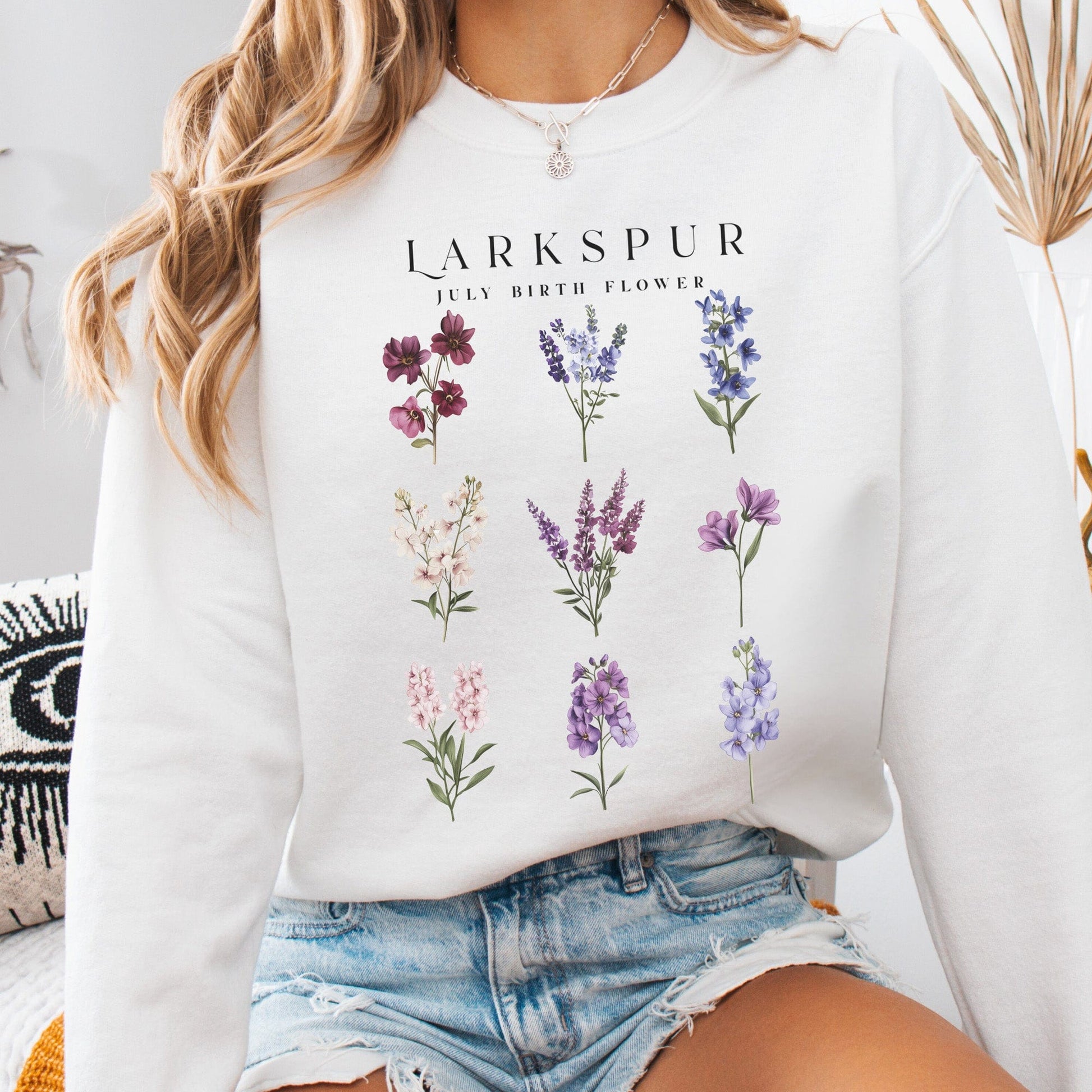 Sweatshirt White / S Larkspur July Birth Month Flower Sweatshirt The Mystic Eden