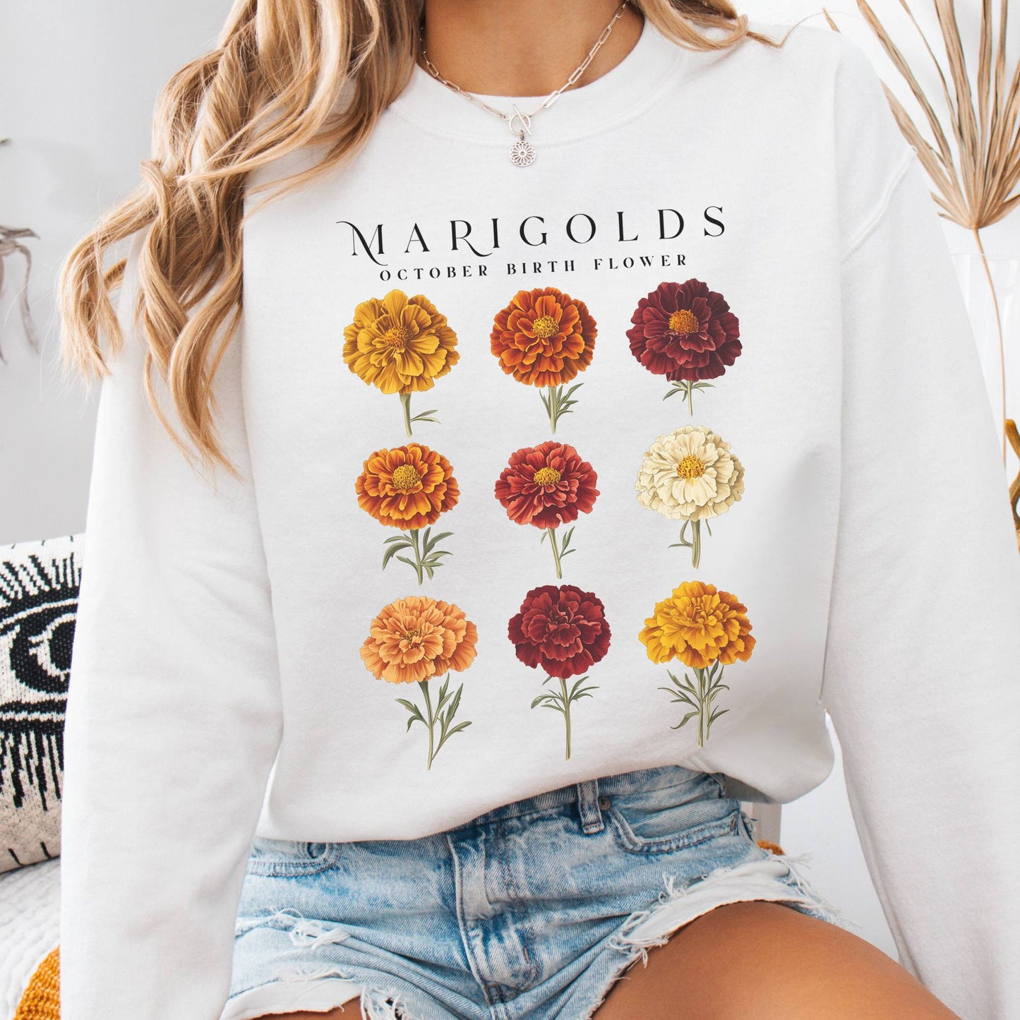 Sweatshirt White / S Marigolds October Birth Month Flower Sweatshirt The Mystic Eden