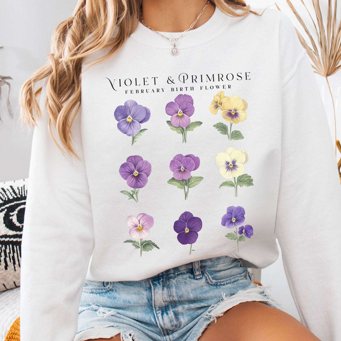 Sweatshirt White / S Violet & Primrose February Birth Month Flower Sweatshirt The Mystic Eden