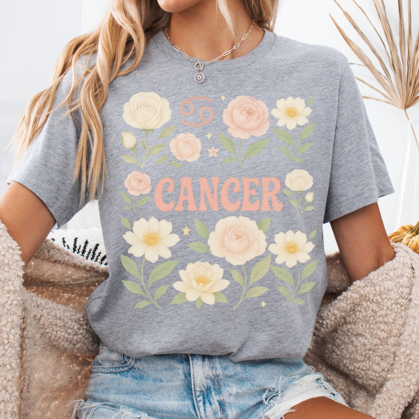 T-Shirt Athletic Heather / S Cancer BellaT-Shirt – Retro Floral Zodiac Tee The Mystic Eden