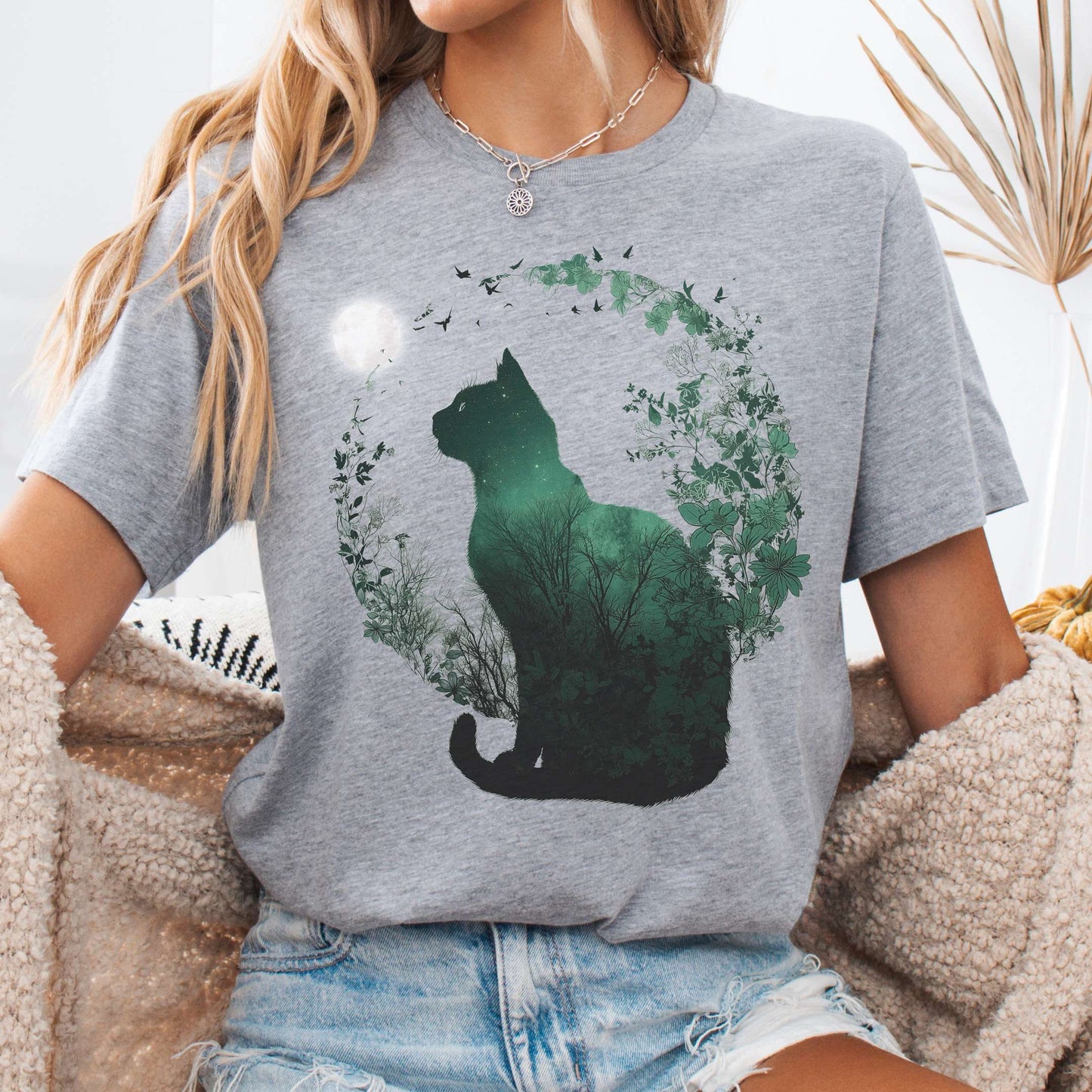 T-Shirt Athletic Heather / S Midnight Cat in the Forest Bella + Canvas Tee – Forestcore Cat Shirt The Mystic Eden