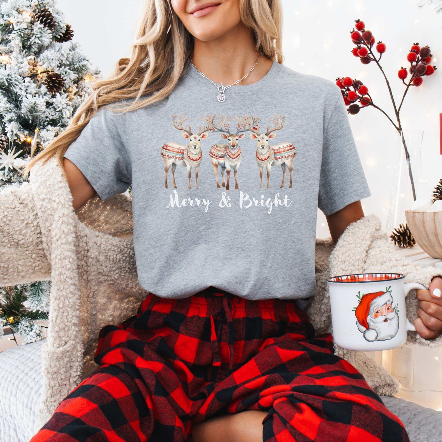 T-Shirt Athletic Heather / XS Merry and Bright Reindeer Christmas Tee The Mystic Eden
