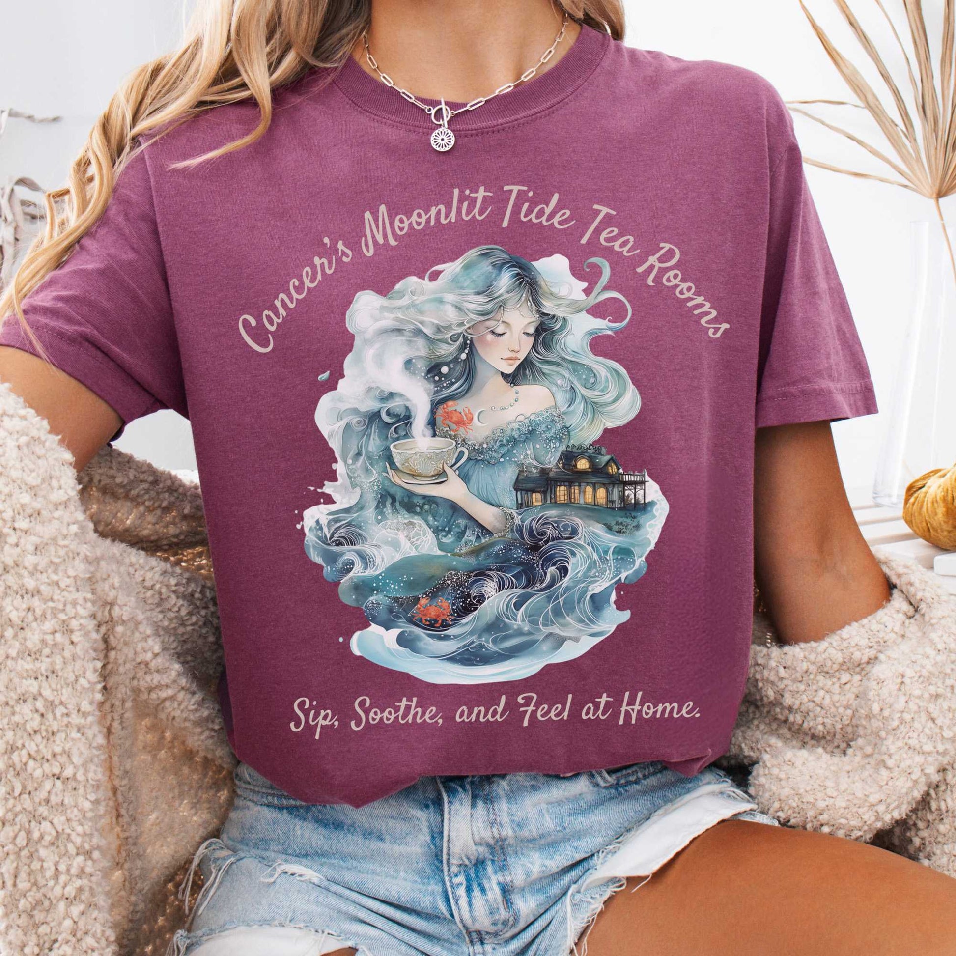 T-Shirt Berry / S Cancer's Moonlit Tide Tea Rooms Zodiac Shirt The Mystic Eden