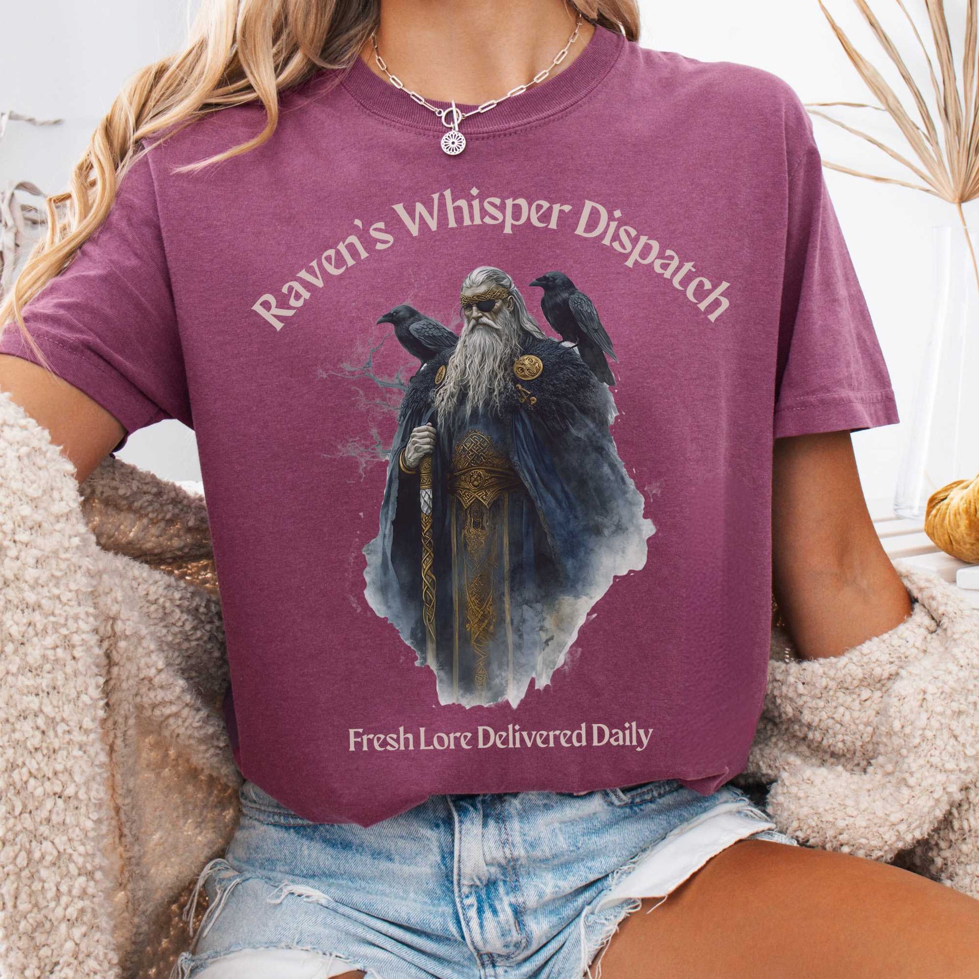 T-Shirt Berry / S Raven's Whisper Dispatch Fresh Lore Delivered Daily Norse God Shirt The Mystic Eden