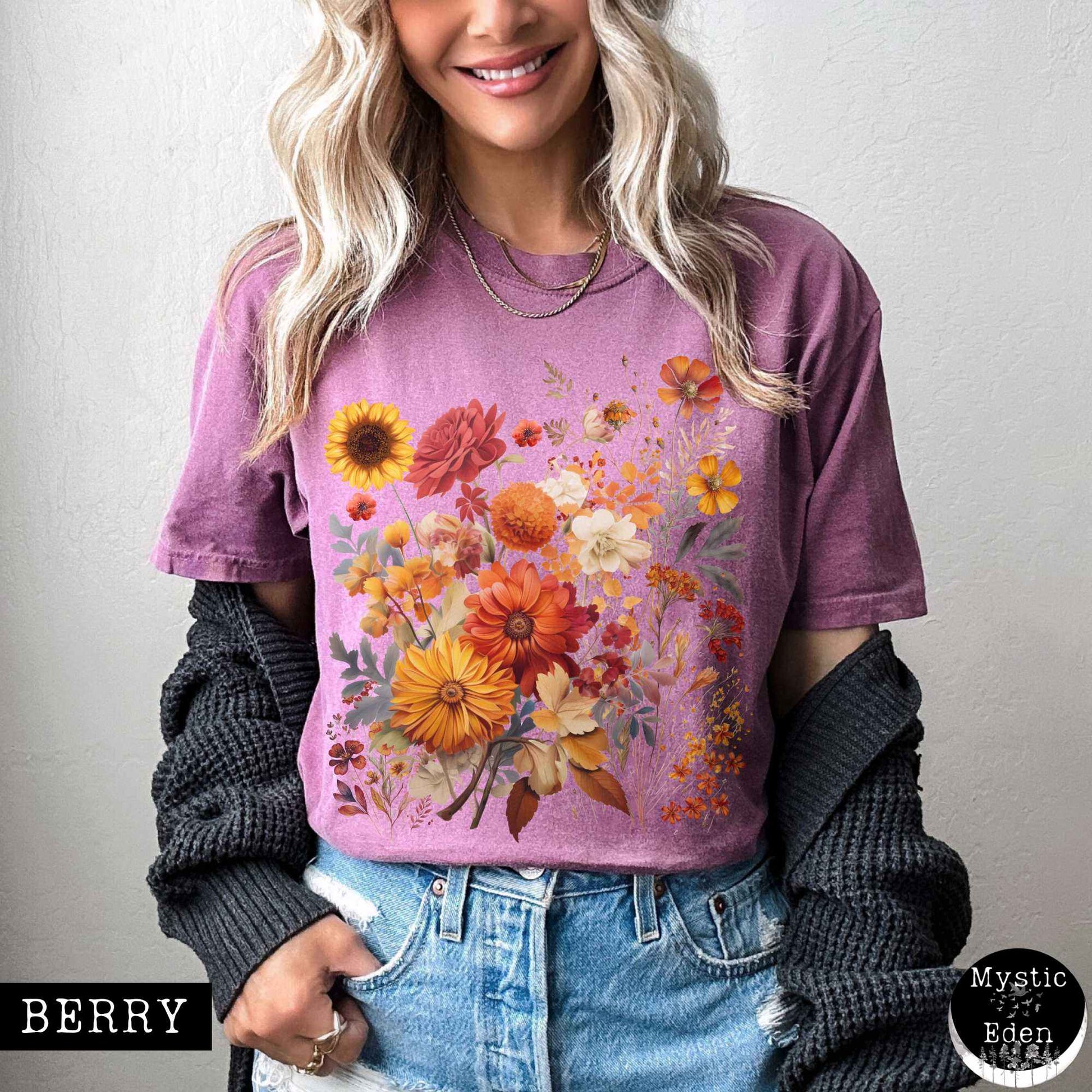 T-Shirt Berry / S Vintage cottagecore fall aesthetic floral shirt The Mystic Eden
