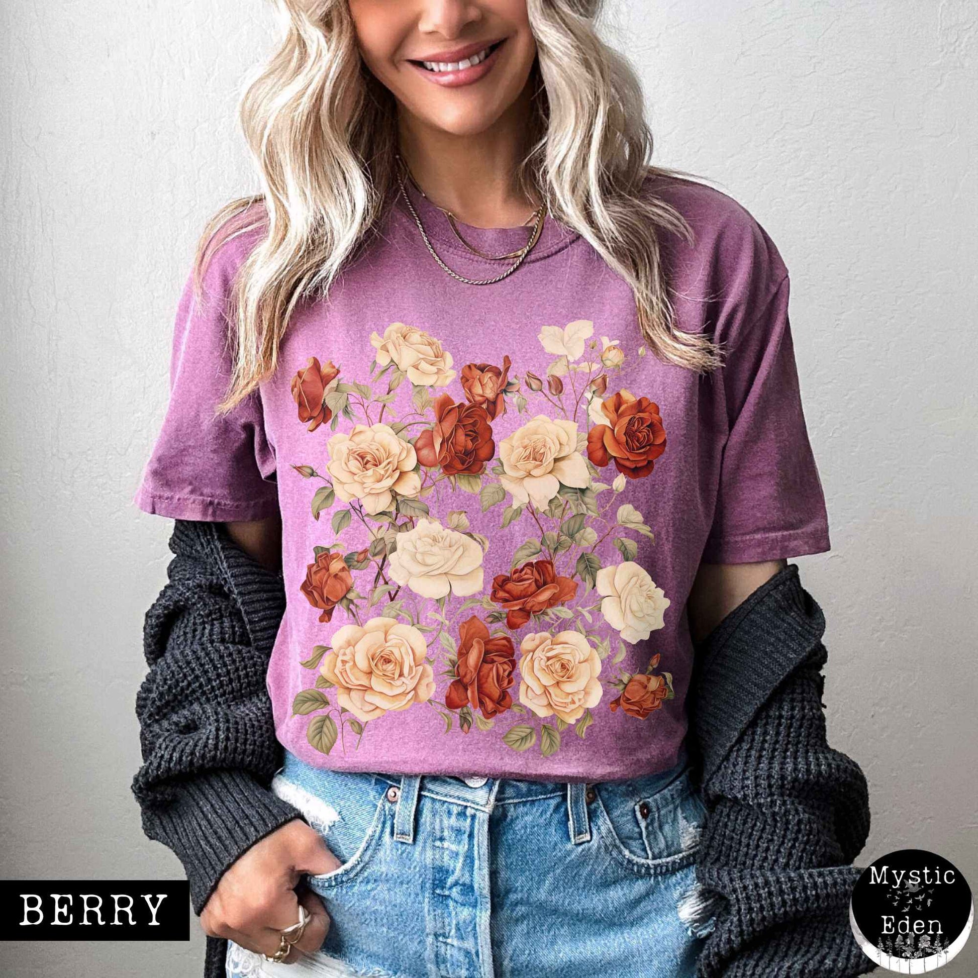 T-Shirt Berry / S Vintage dark academia aesthetic roses shirt The Mystic Eden