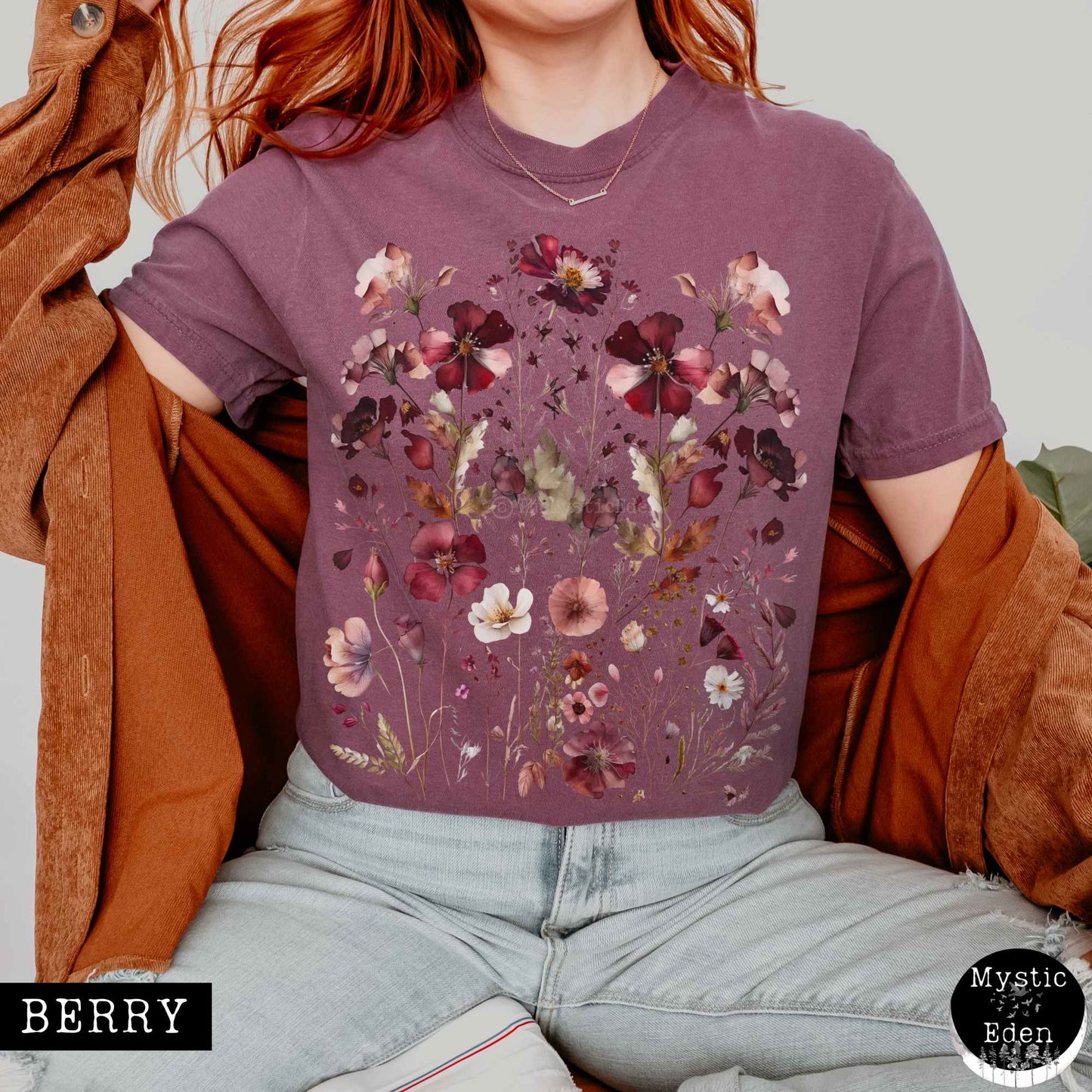 T-Shirt Berry / S Vintage maroon pressed flowers shirt The Mystic Eden