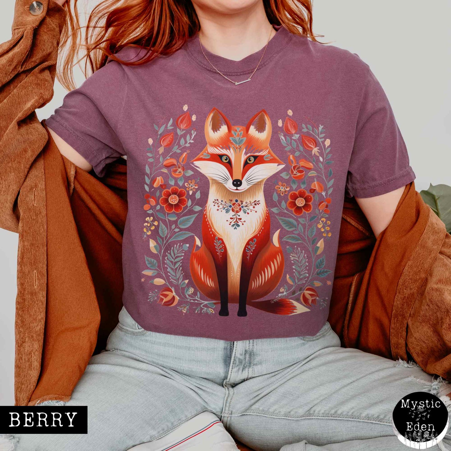 T-Shirt Berry / S Whimsical Scandinavian Folk Art Fox Shirt The Mystic Eden
