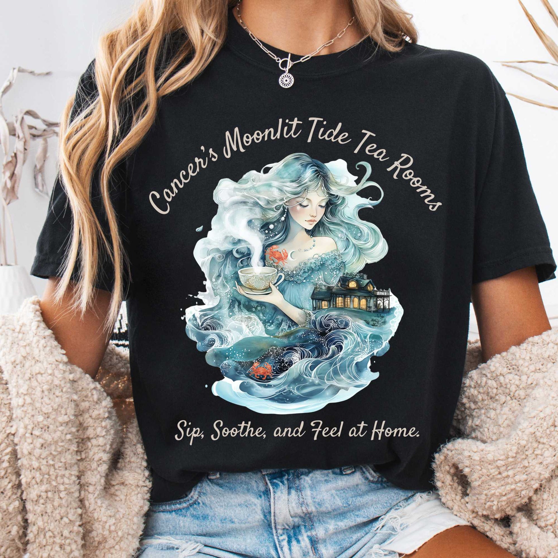 T-Shirt Black / S Cancer's Moonlit Tide Tea Rooms Zodiac Shirt The Mystic Eden