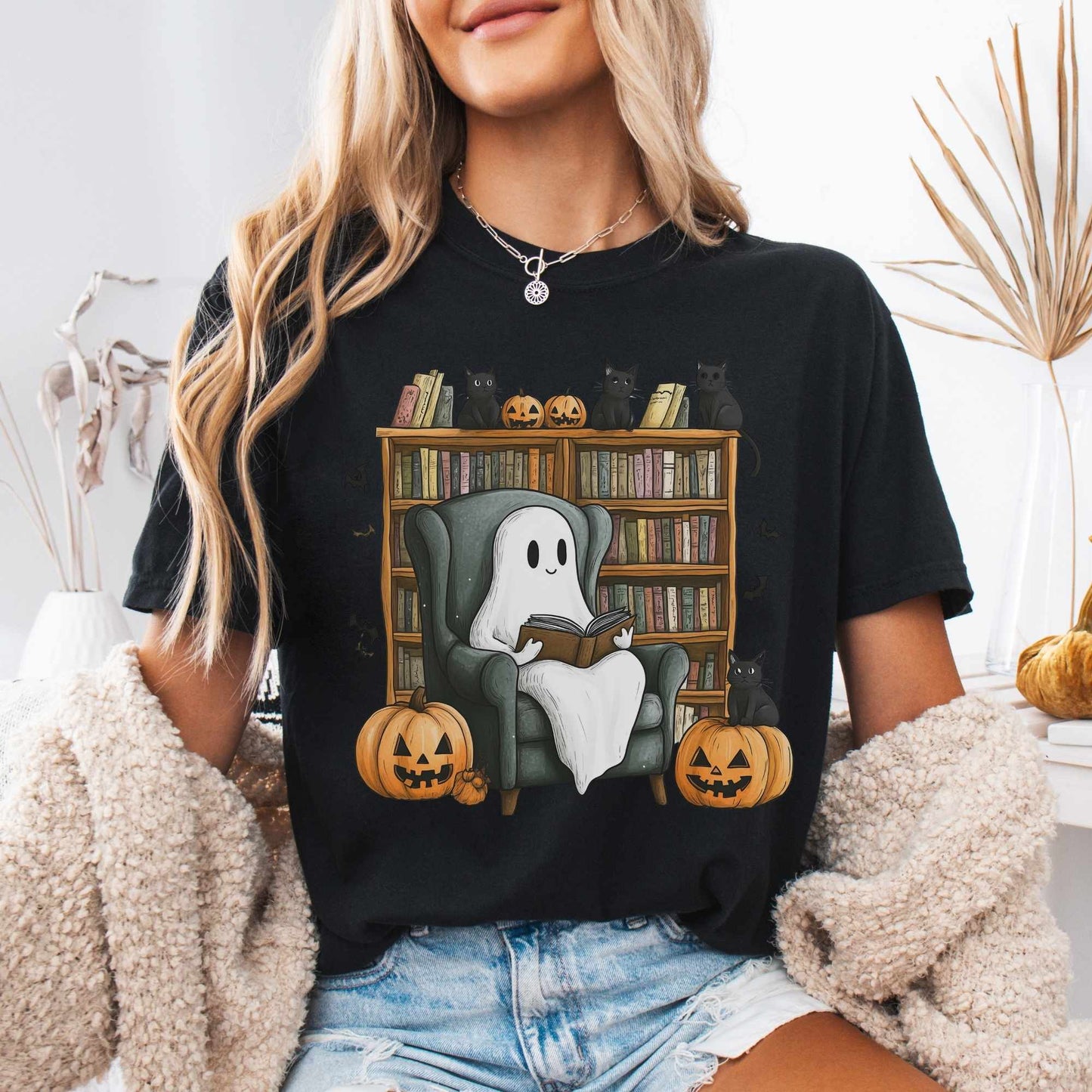 T-Shirt Black / S Cute Reading Ghosts & Black Cats Shirt The Mystic Eden