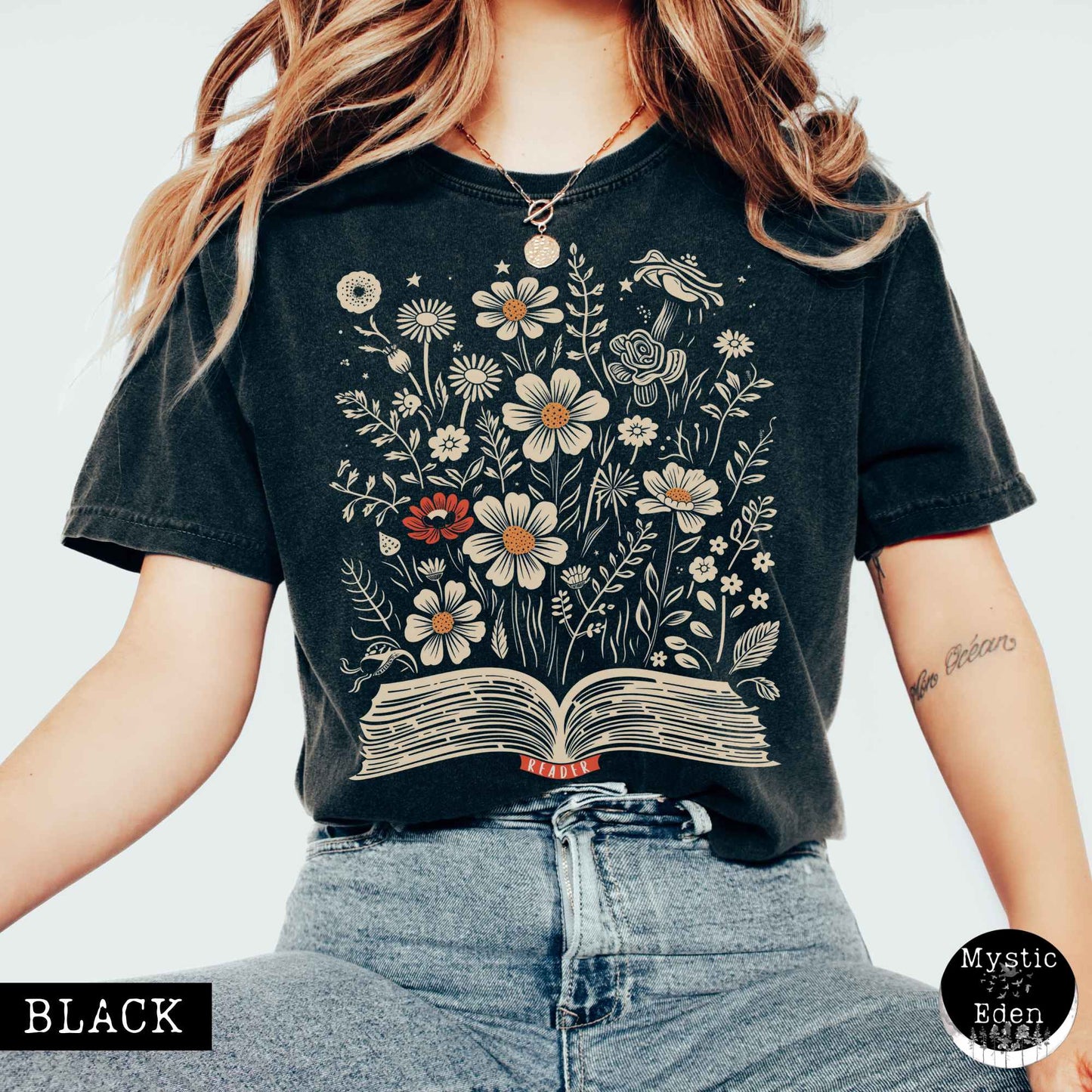 T-Shirt Black / S Floral Book Reader Tee The Mystic Eden