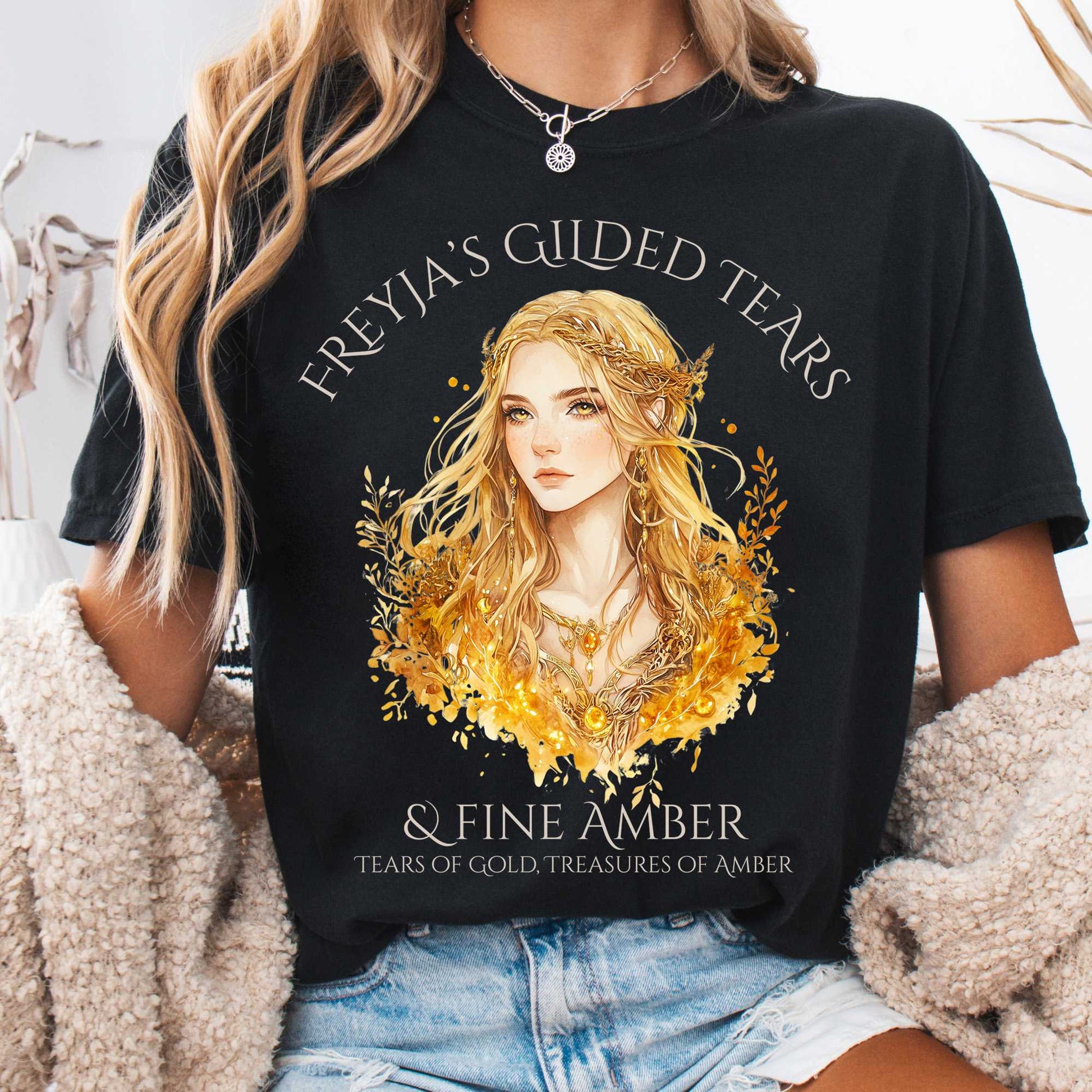 T-Shirt Black / S Freyja's Gilded Tears & Fine Amber Goddess Shirt The Mystic Eden