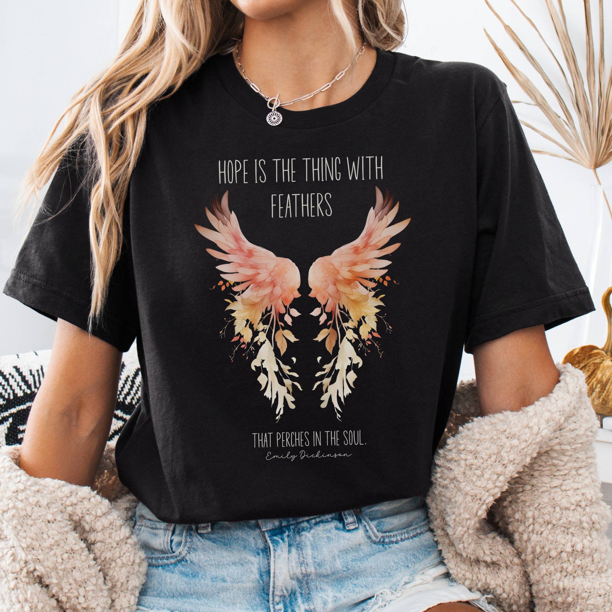 T-Shirt Black / S Hope is the Thing With Feathers Bella + Canvas Tee – Literary Wings Tee The Mystic Eden