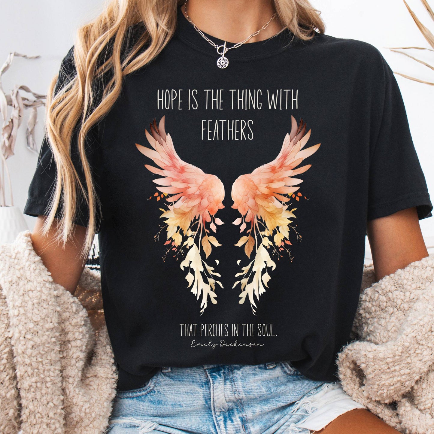 T-Shirt Black / S Hope is the Thing With Feathers Emily Dickinson T-Shirt – Literary Wings Tee The Mystic Eden