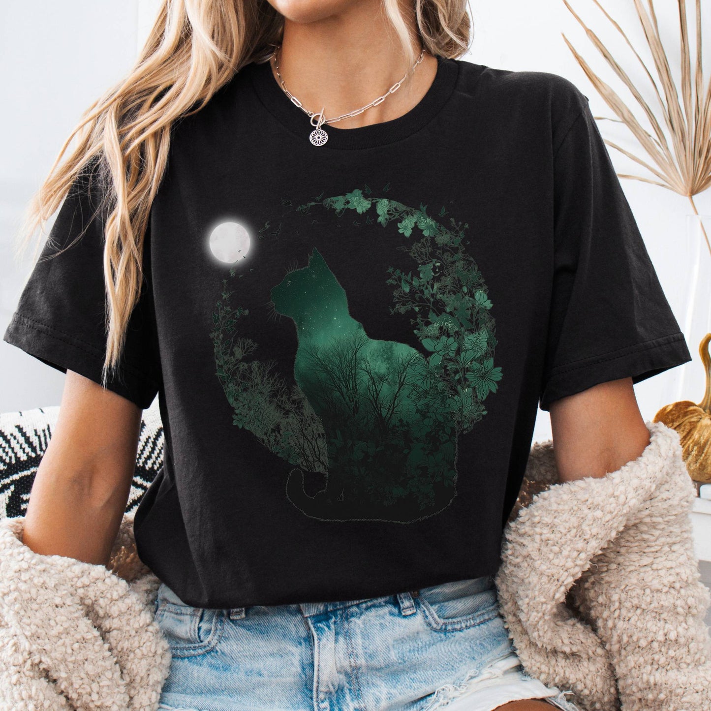 T-Shirt Black / S Midnight Cat in the Forest Bella + Canvas Tee – Forestcore Cat Shirt The Mystic Eden
