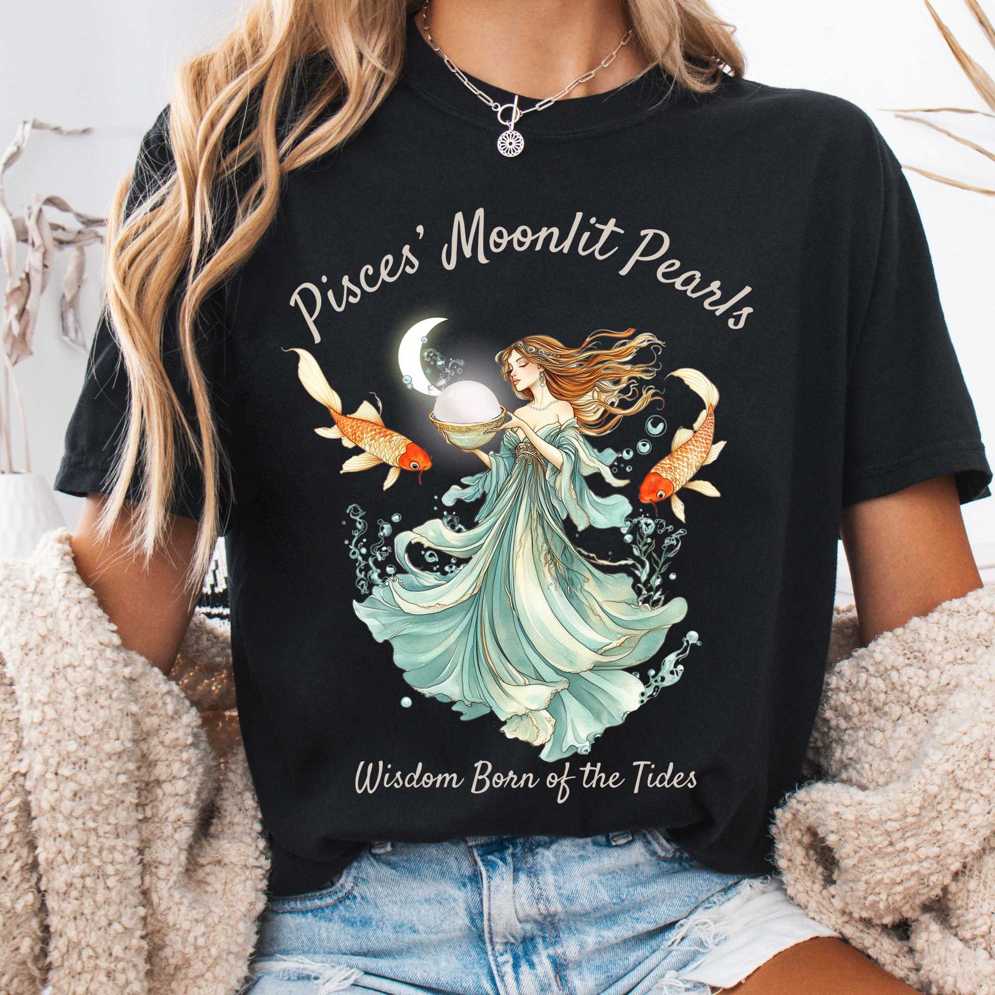 T-Shirt Black / S Pisces' Moonlit Pearls Zodiac Shirt The Mystic Eden