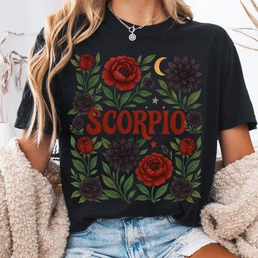 T-Shirt Black / S Scorpio T-Shirt – Retro Floral Zodiac Tee The Mystic Eden