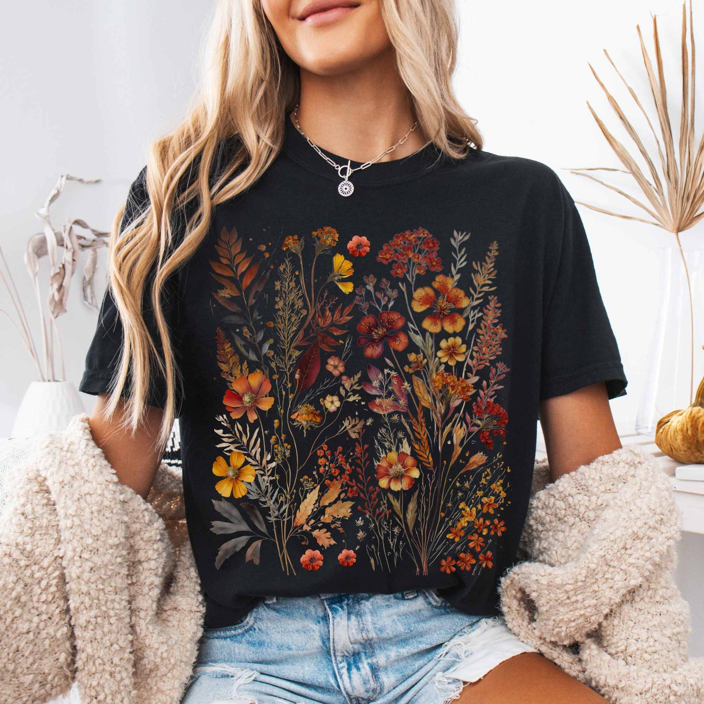 T-Shirt Black / S Vintage cottagecore fall wildflowers shirt The Mystic Eden