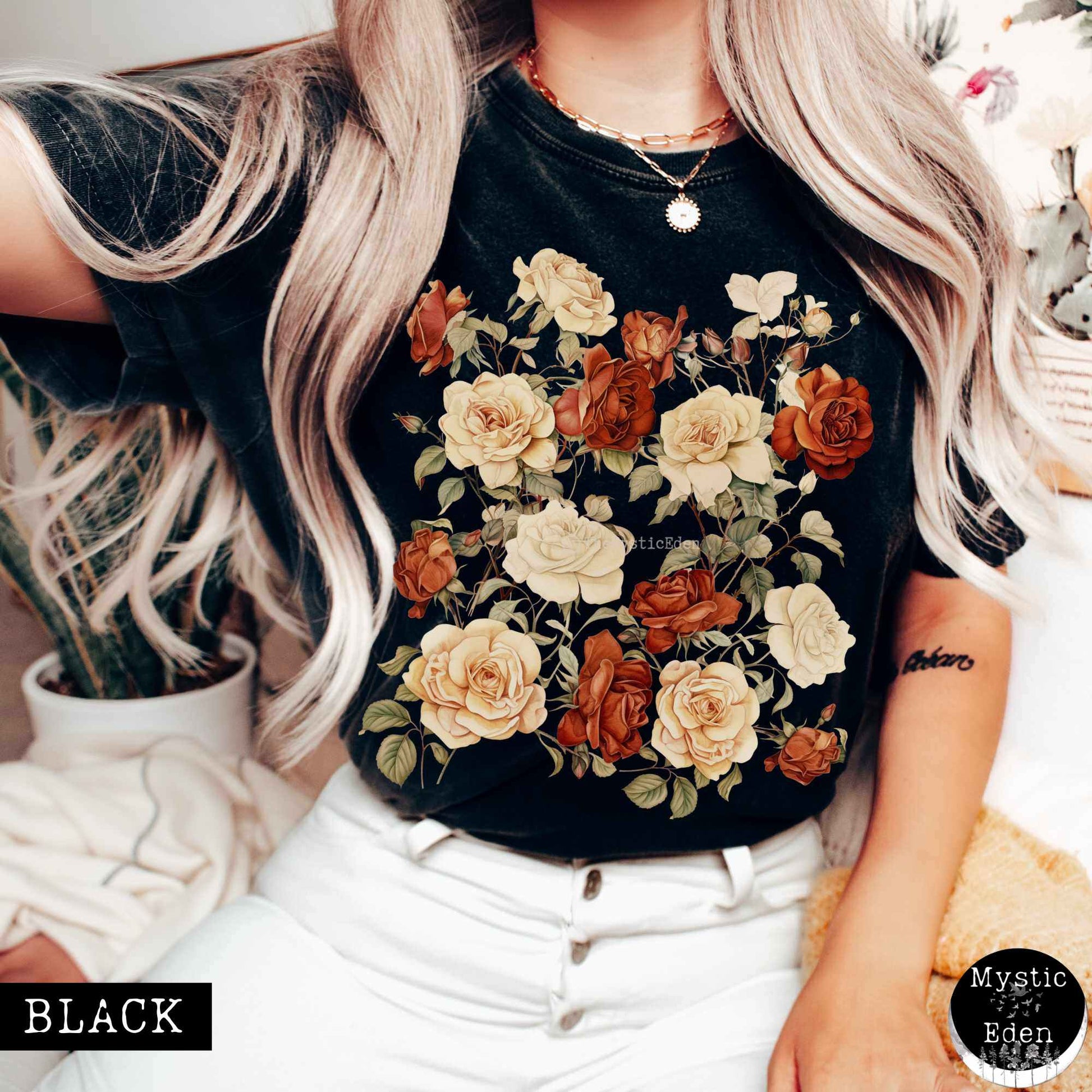 T-Shirt Black / S Vintage dark academia aesthetic roses shirt The Mystic Eden