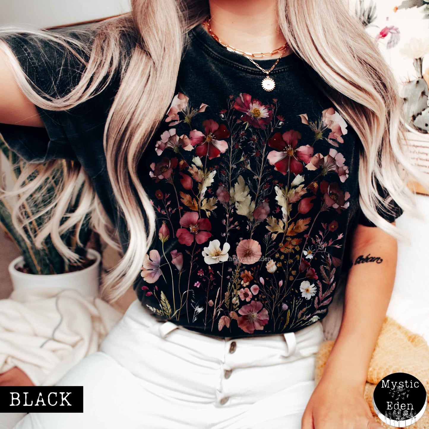 T-Shirt Black / S Vintage maroon pressed flowers shirt The Mystic Eden