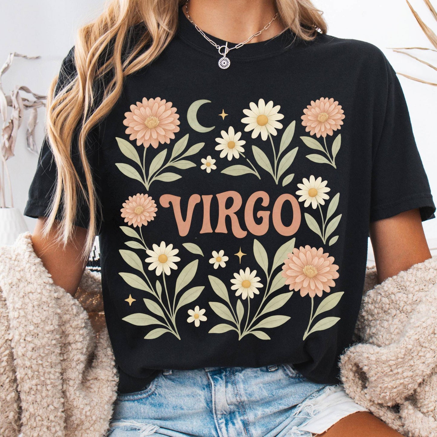 T-Shirt Black / S Virgo T-Shirt – Retro Floral Zodiac Tee The Mystic Eden