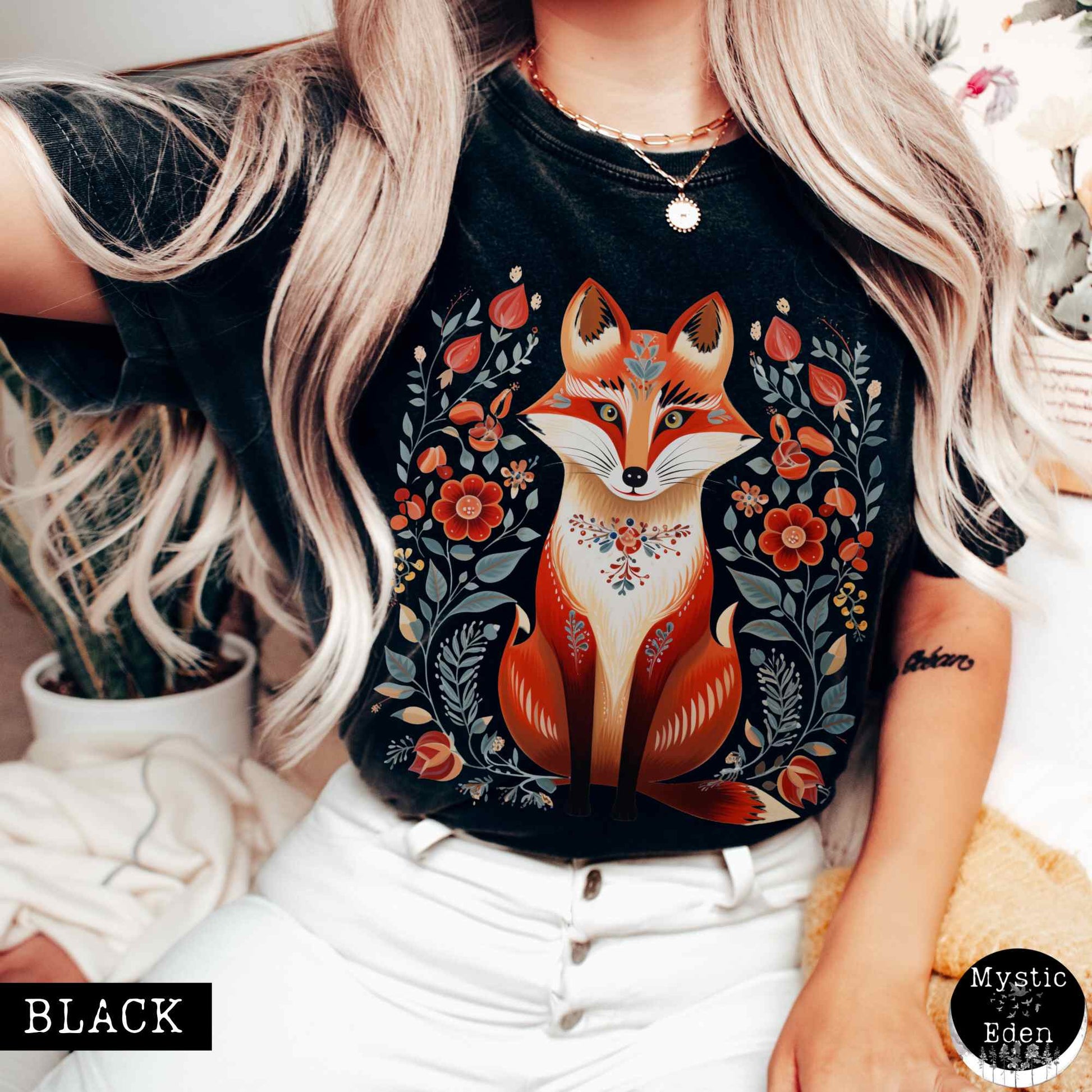 T-Shirt Black / S Whimsical Scandinavian Folk Art Fox Shirt The Mystic Eden