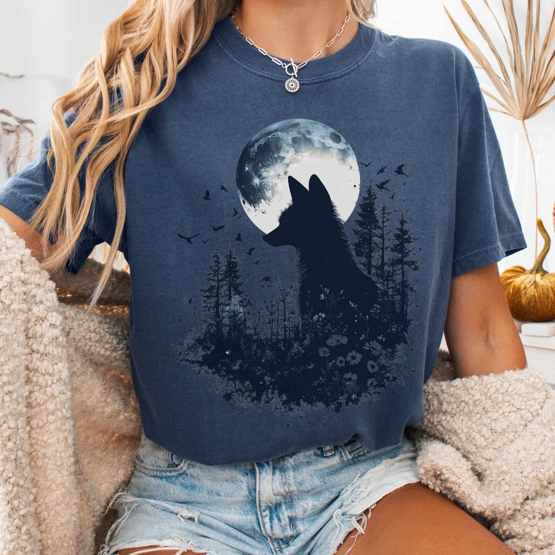 T-Shirt Black Silhouette Moonlit Fox Shirt The Mystic Eden
