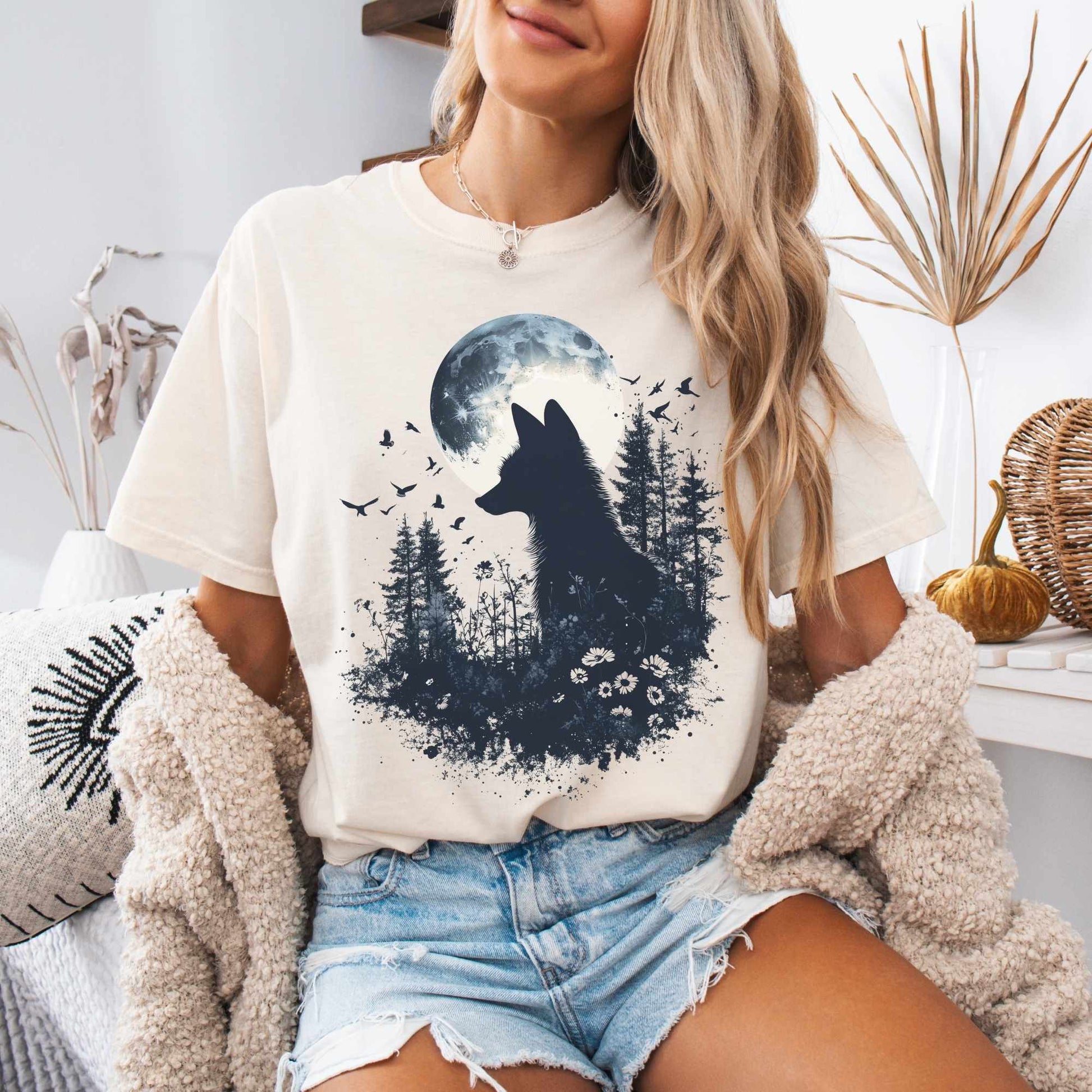 T-Shirt Black Silhouette Moonlit Fox Shirt The Mystic Eden