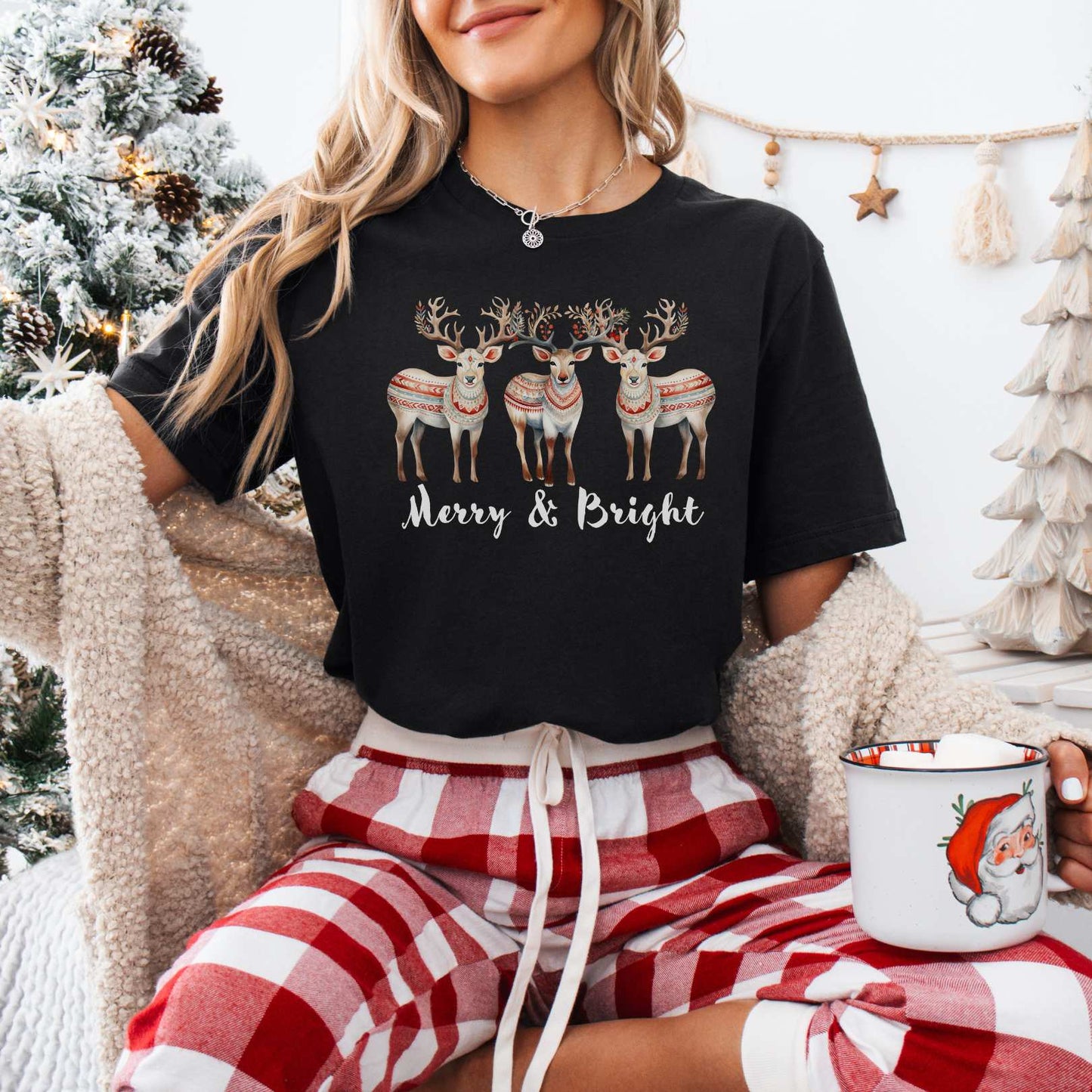 T-Shirt Black / XS Merry and Bright Reindeer Christmas Tee The Mystic Eden