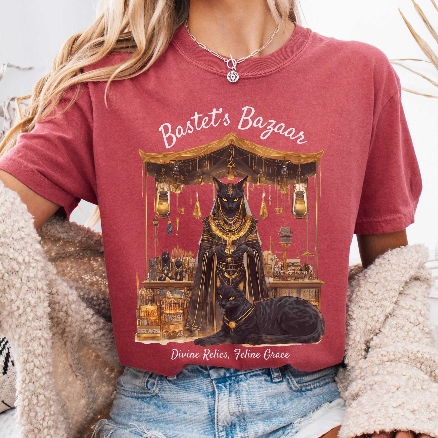 T-Shirt Crimson / S Bastet's Bazaar Egyptian Goddess Shirt The Mystic Eden