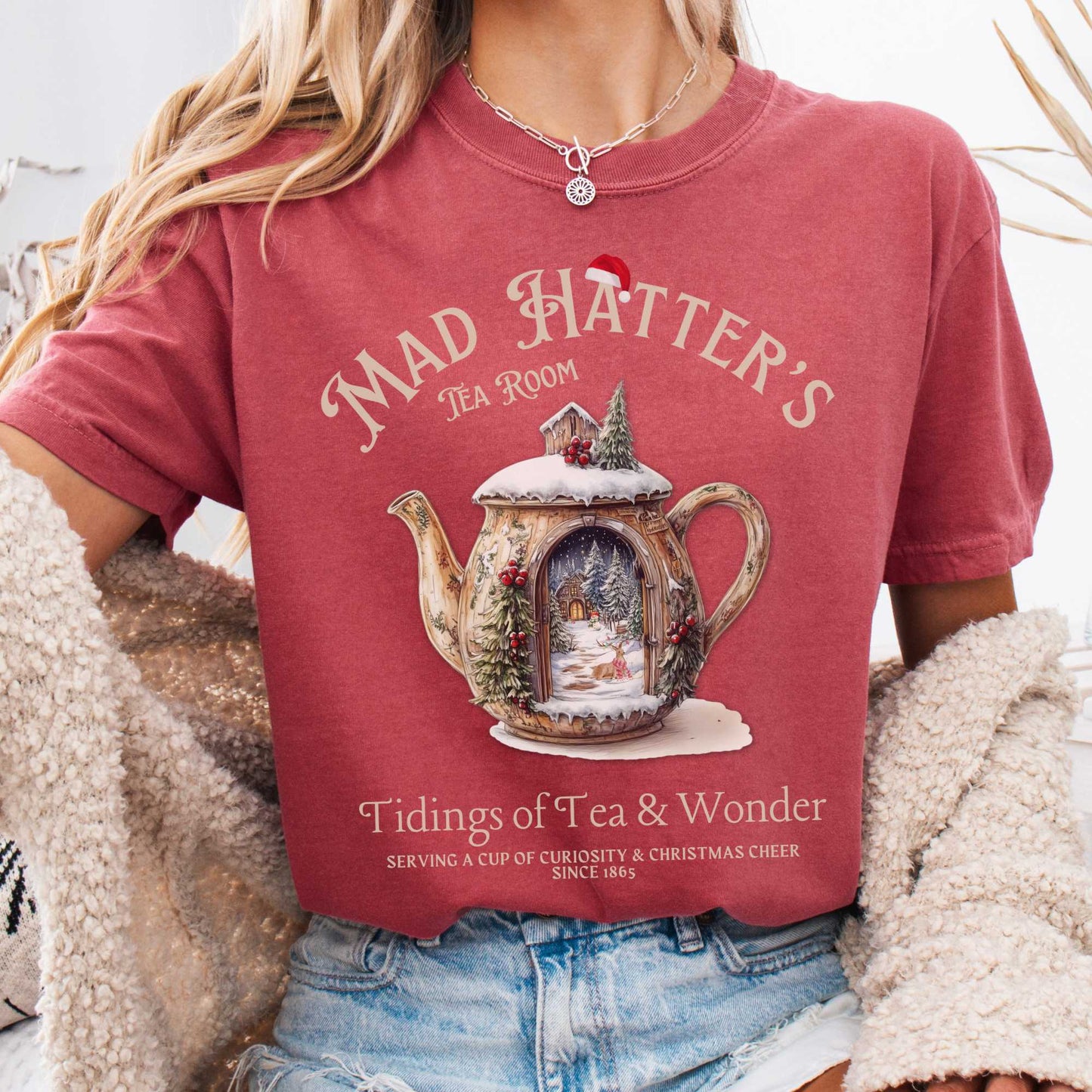 T-Shirt Crimson / S Christmas Vintage Mad Hatter's Tea Room Shirt - Christmas Edition Tee The Mystic Eden