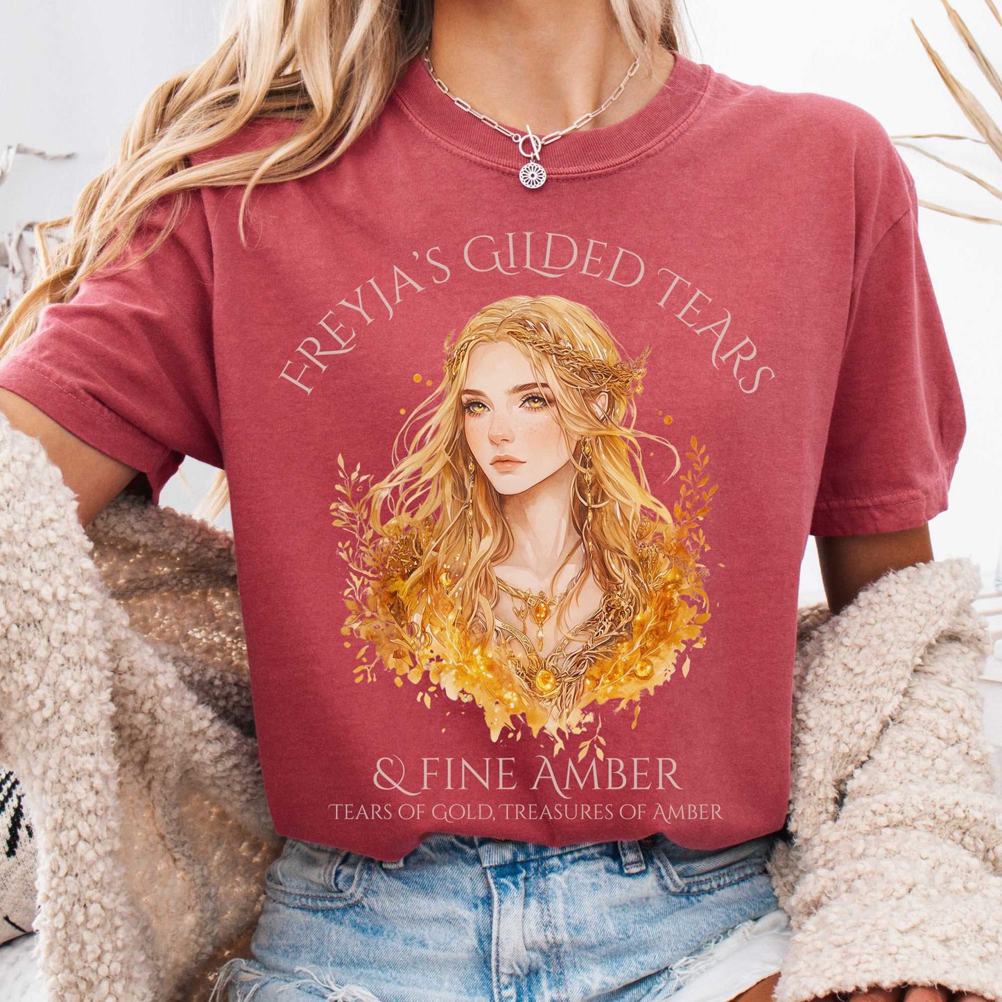 T-Shirt Crimson / S Freyja's Gilded Tears & Fine Amber Goddess Shirt The Mystic Eden