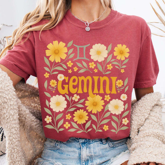 T-Shirt Crimson / S Gemini T-Shirt – Retro Floral Zodiac Tee The Mystic Eden