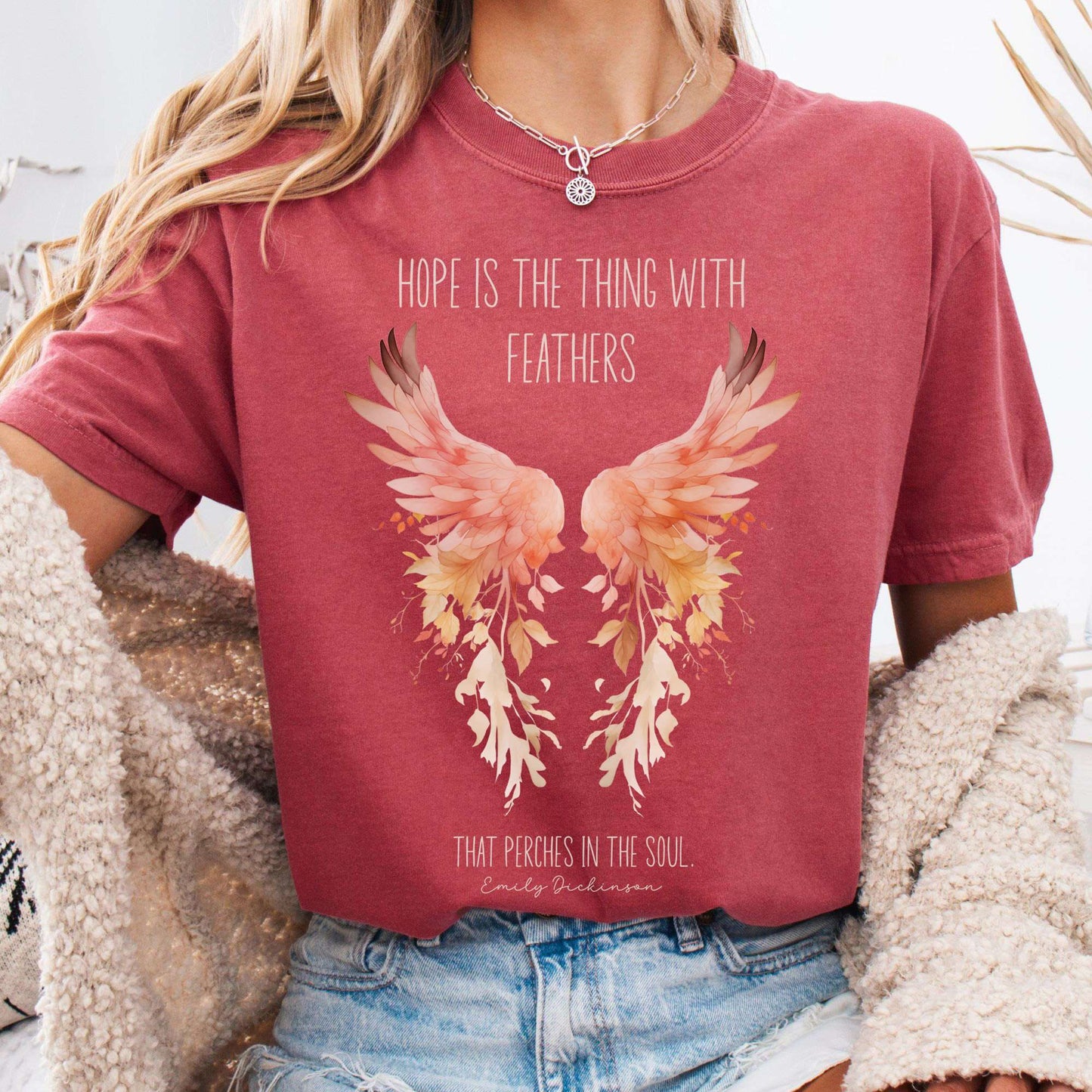 T-Shirt Crimson / S Hope is the Thing With Feathers Emily Dickinson T-Shirt – Literary Wings Tee The Mystic Eden