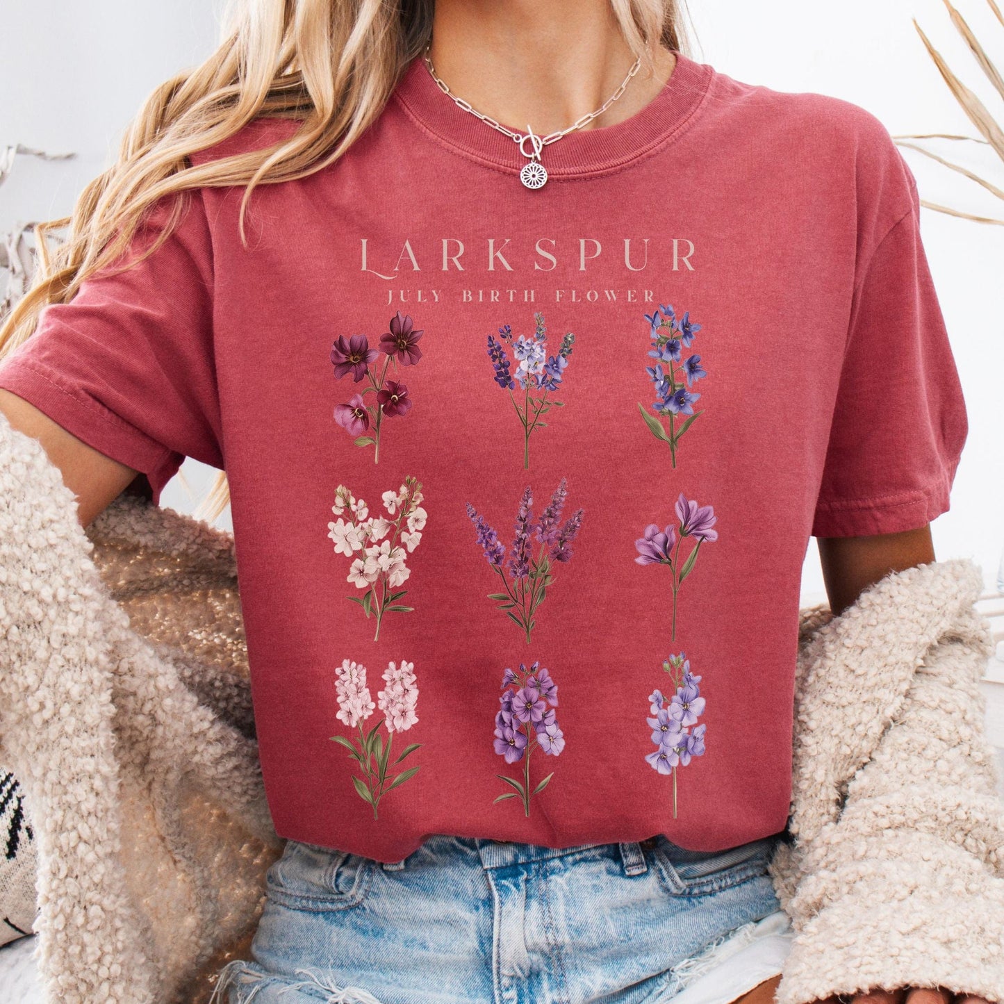 T-Shirt Crimson / S Larkspur July Birth Month Flower Shirt The Mystic Eden