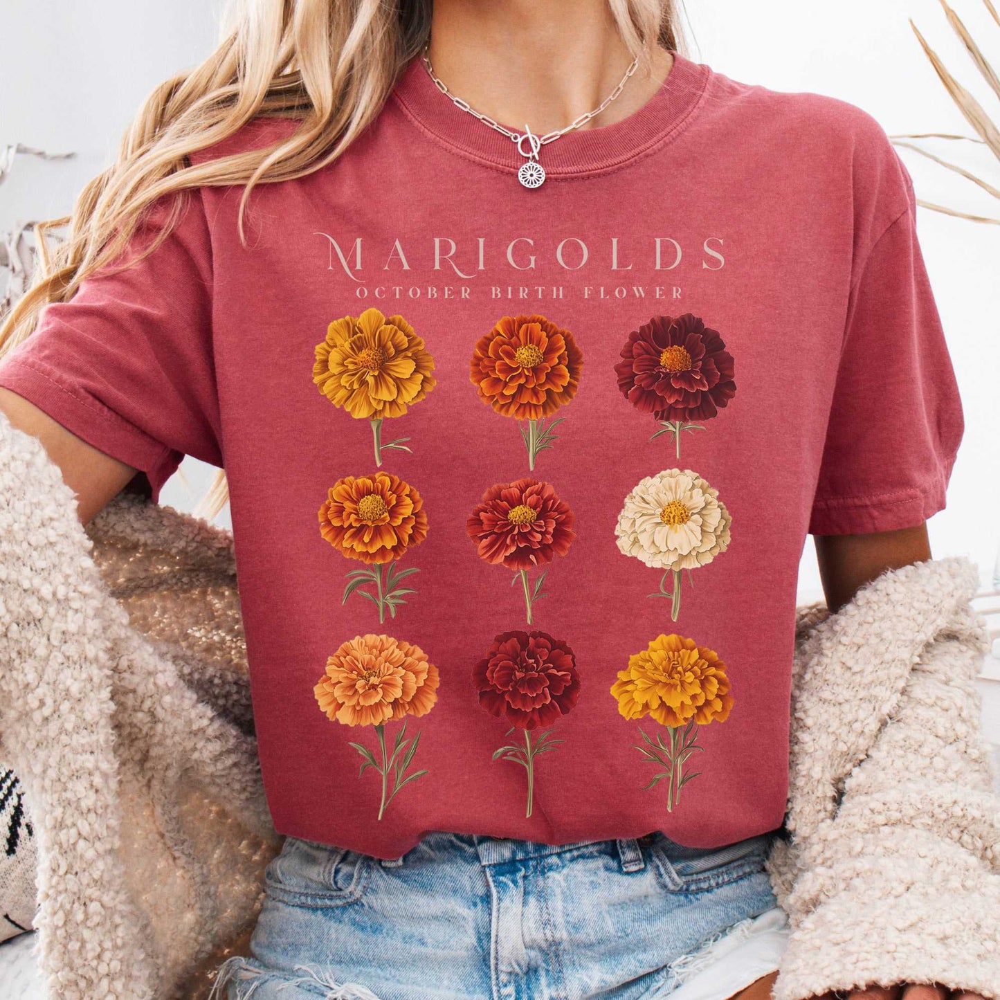 T-Shirt Crimson / S Marigolds October Birth Month Flower Shirt The Mystic Eden