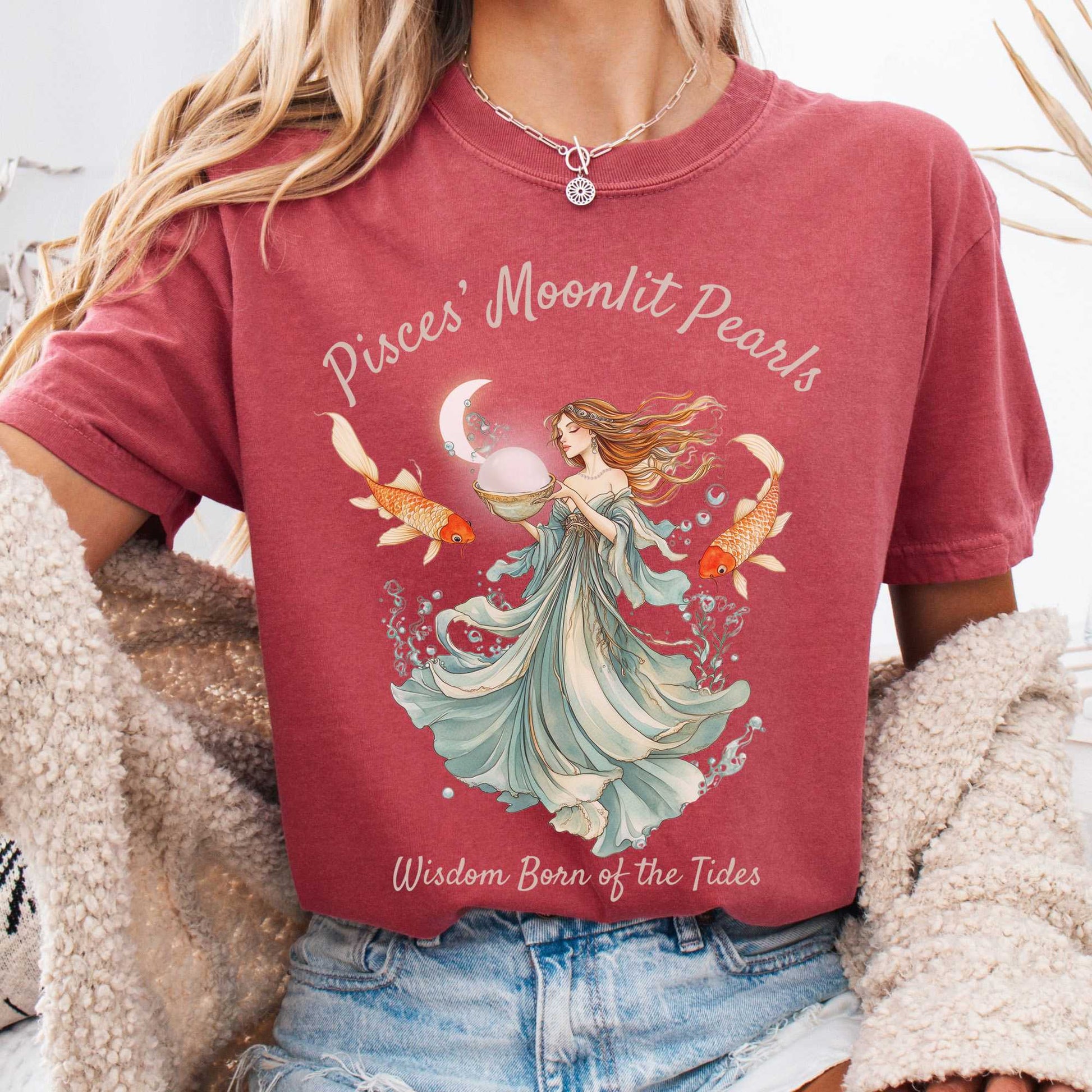 T-Shirt Crimson / S Pisces' Moonlit Pearls Zodiac Shirt The Mystic Eden