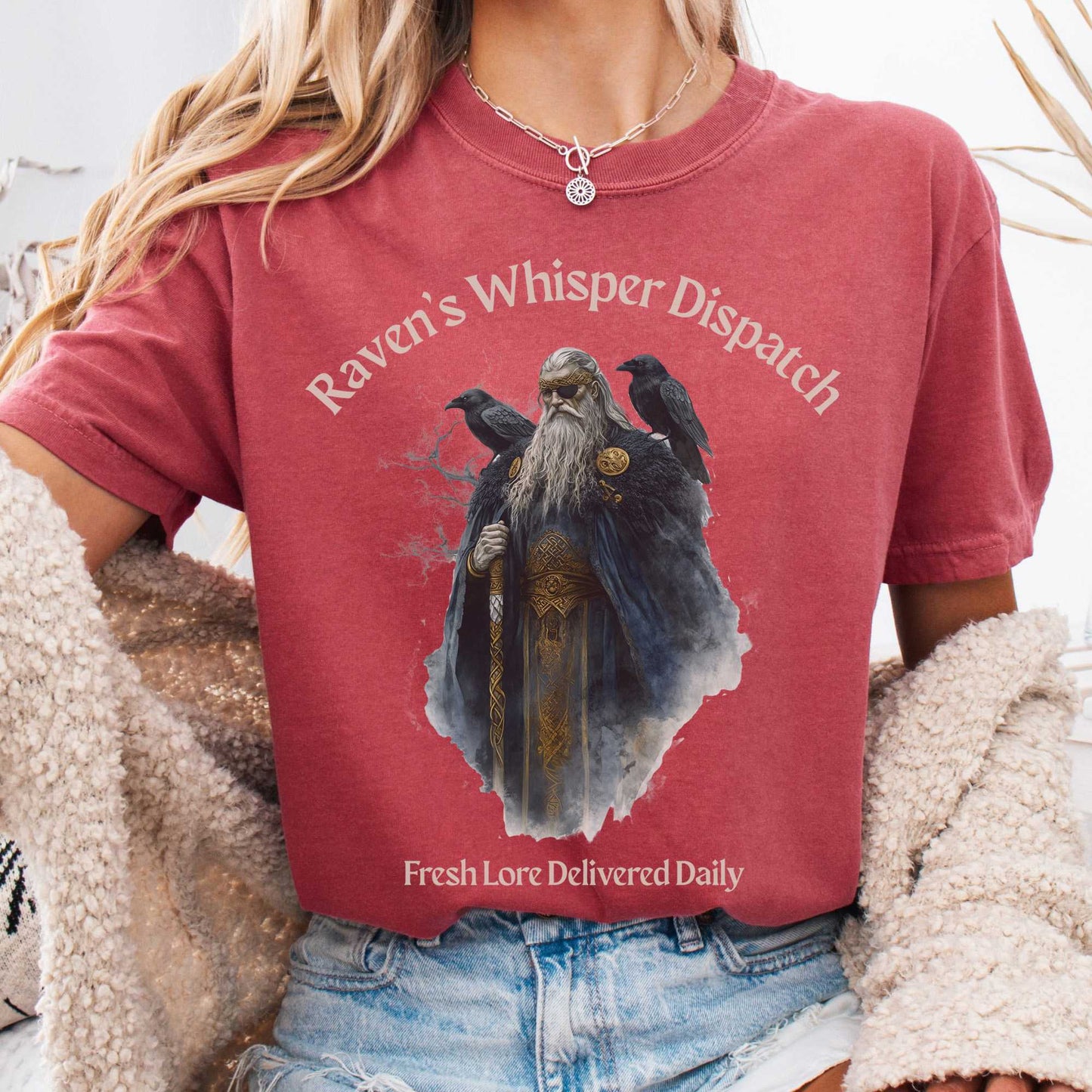 T-Shirt Crimson / S Raven's Whisper Dispatch Fresh Lore Delivered Daily Norse God Shirt The Mystic Eden