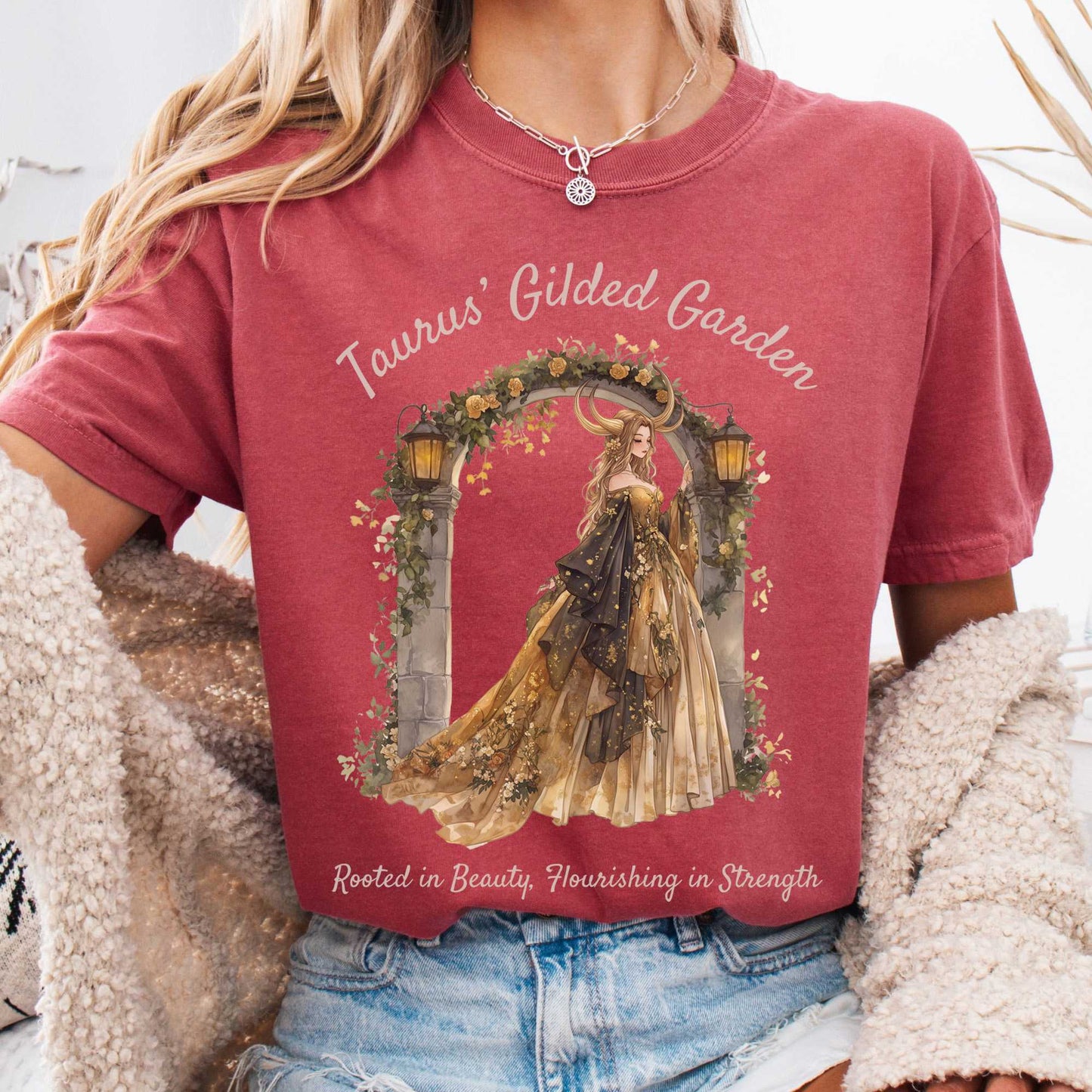 T-Shirt Crimson / S Taurus' Gilded Garden Zodiac Shirt The Mystic Eden