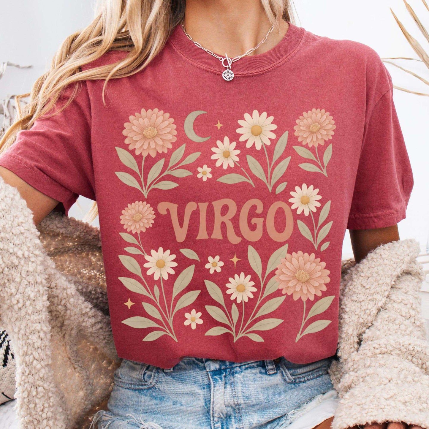 T-Shirt Crimson / S Virgo T-Shirt – Retro Floral Zodiac Tee The Mystic Eden